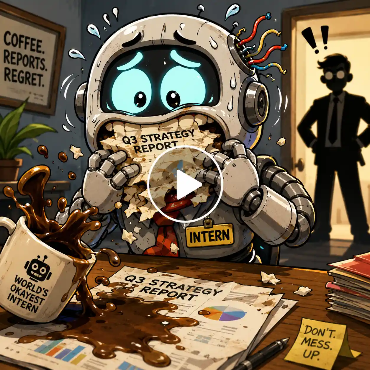Panicked robot office intern trying to hide a coffee-soaked report before the boss arrives.