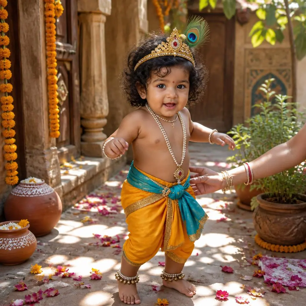Little Krishna taking a joyful supported step through a flower-filled Vrindavan courtyard in vibrant saffron and turquoise attire.