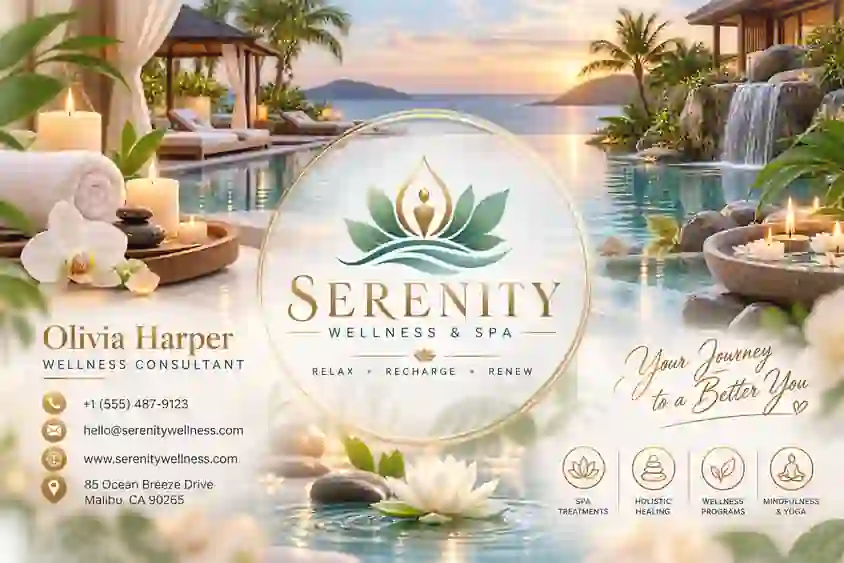 Serene luxury wellness business card surrounded by translucent spa imagery, water, stones, bamboo, flowers, and candles.