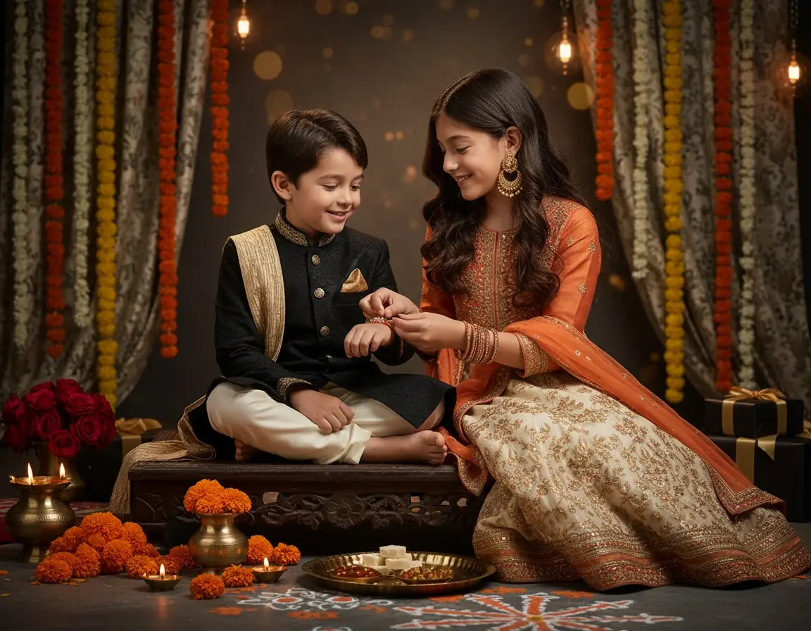 Brother and sister celebrating a traditional Rakhi ceremony in a luxurious modern Indian home with a pooja thali, mithai, and gifts.
