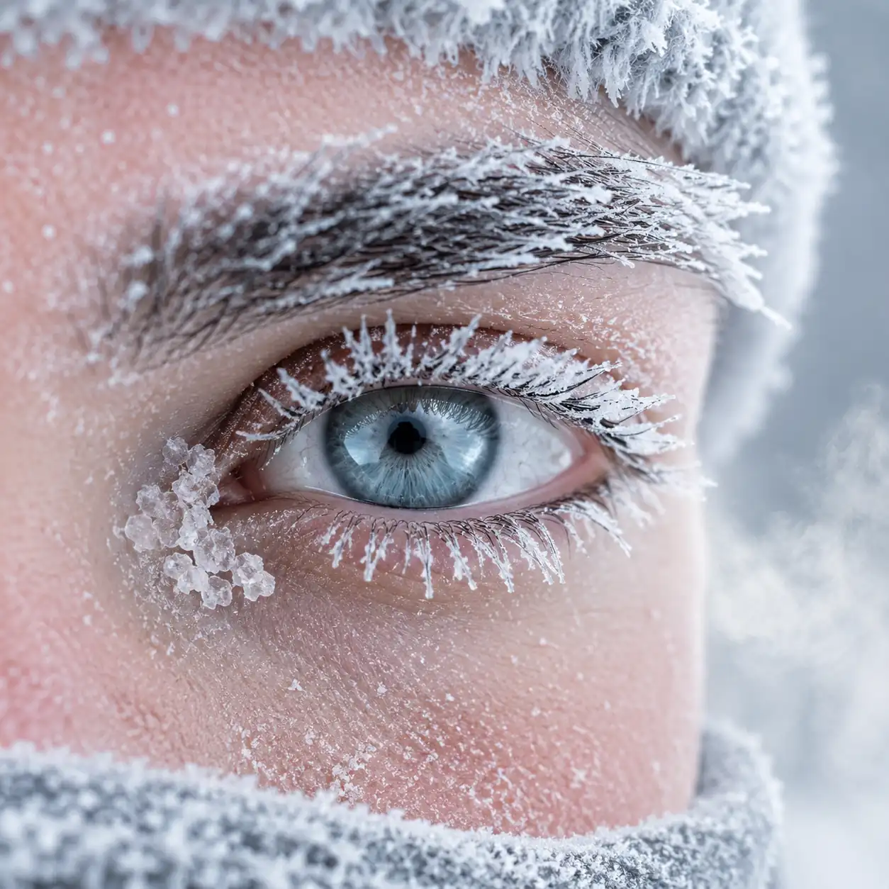 Close-up of an icy blue eye with frost-covered eyelashes and delicate ice crystals