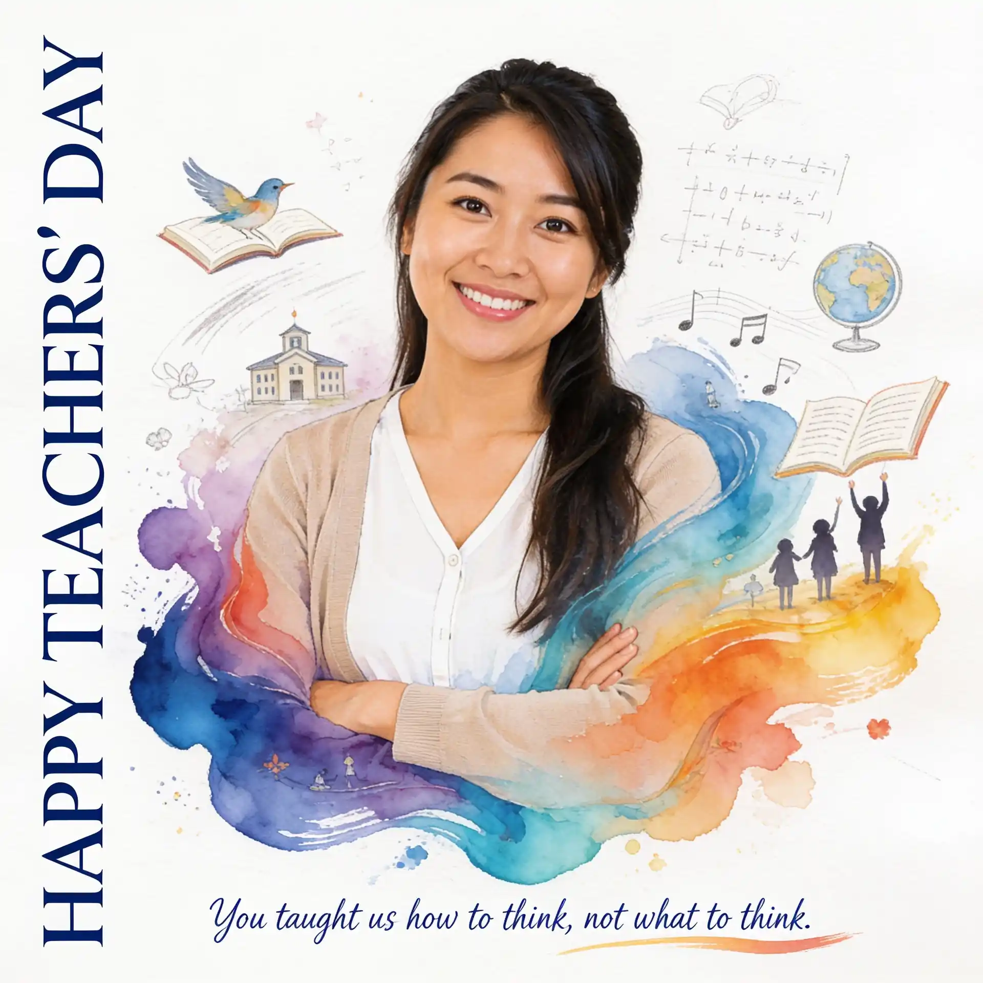 Artistic watercolor Teachers’ Day card showing a teacher portrait emerging from colorful paint and symbolic learning scenes