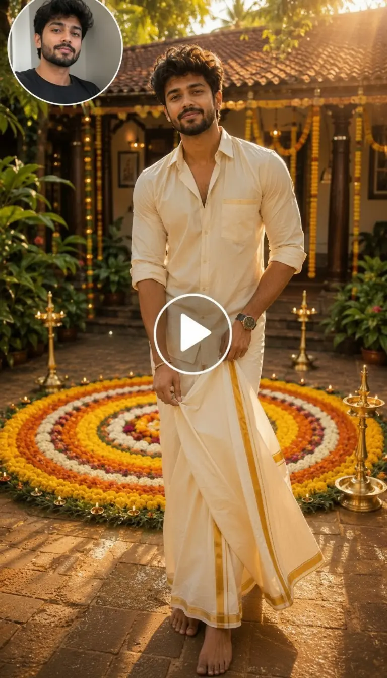 Frame screenshot of an Onam-themed video showing a man transformed into traditional Kerala attire with a cream-and-gold mundu.