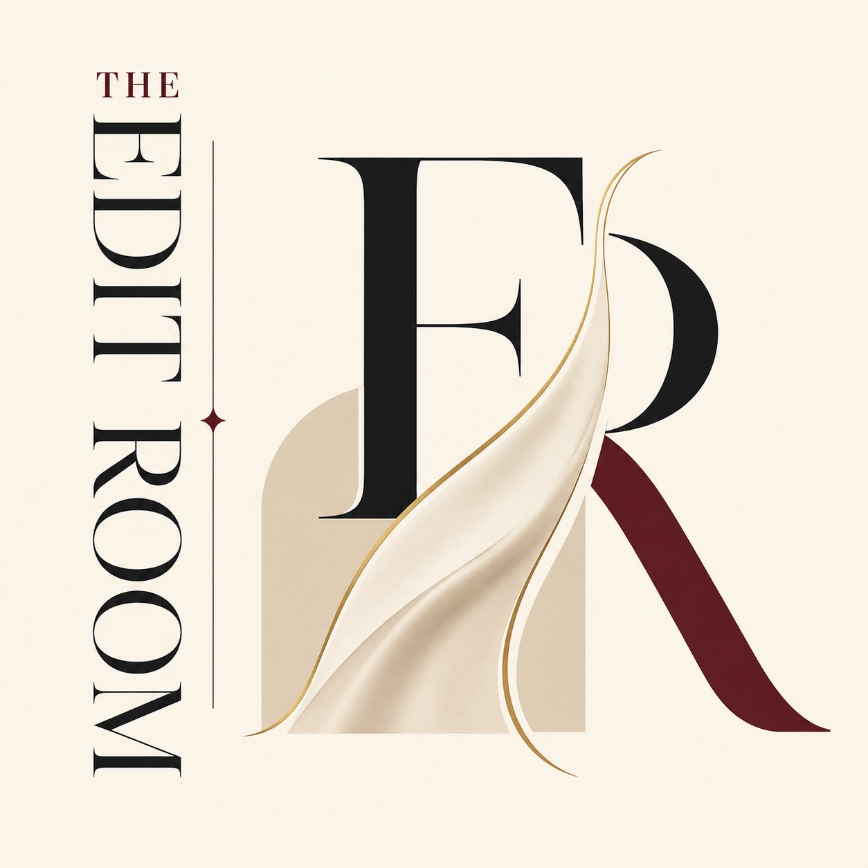 Fashion YouTube logo for The Edit Room with an elegant ER monogram and flowing fabric inspired line on a soft ivory background.