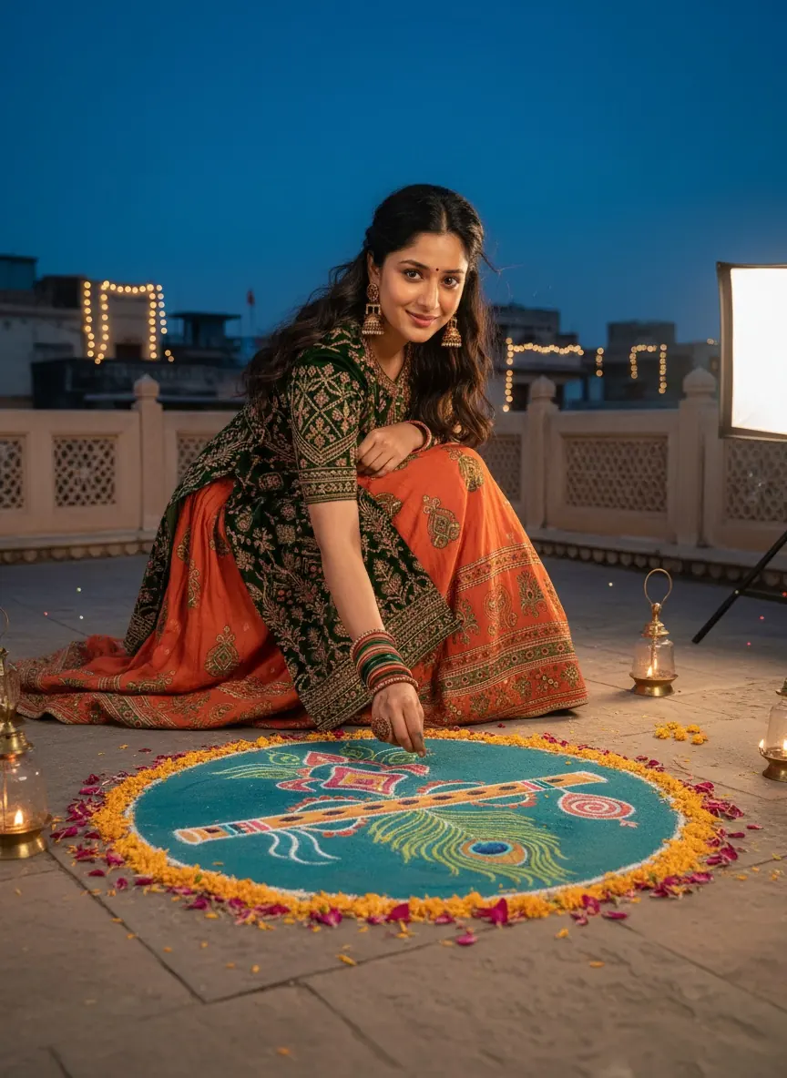 Girl creating a Krishna-inspired rangoli during a vibrant Janmashtami rooftop photoshoot.