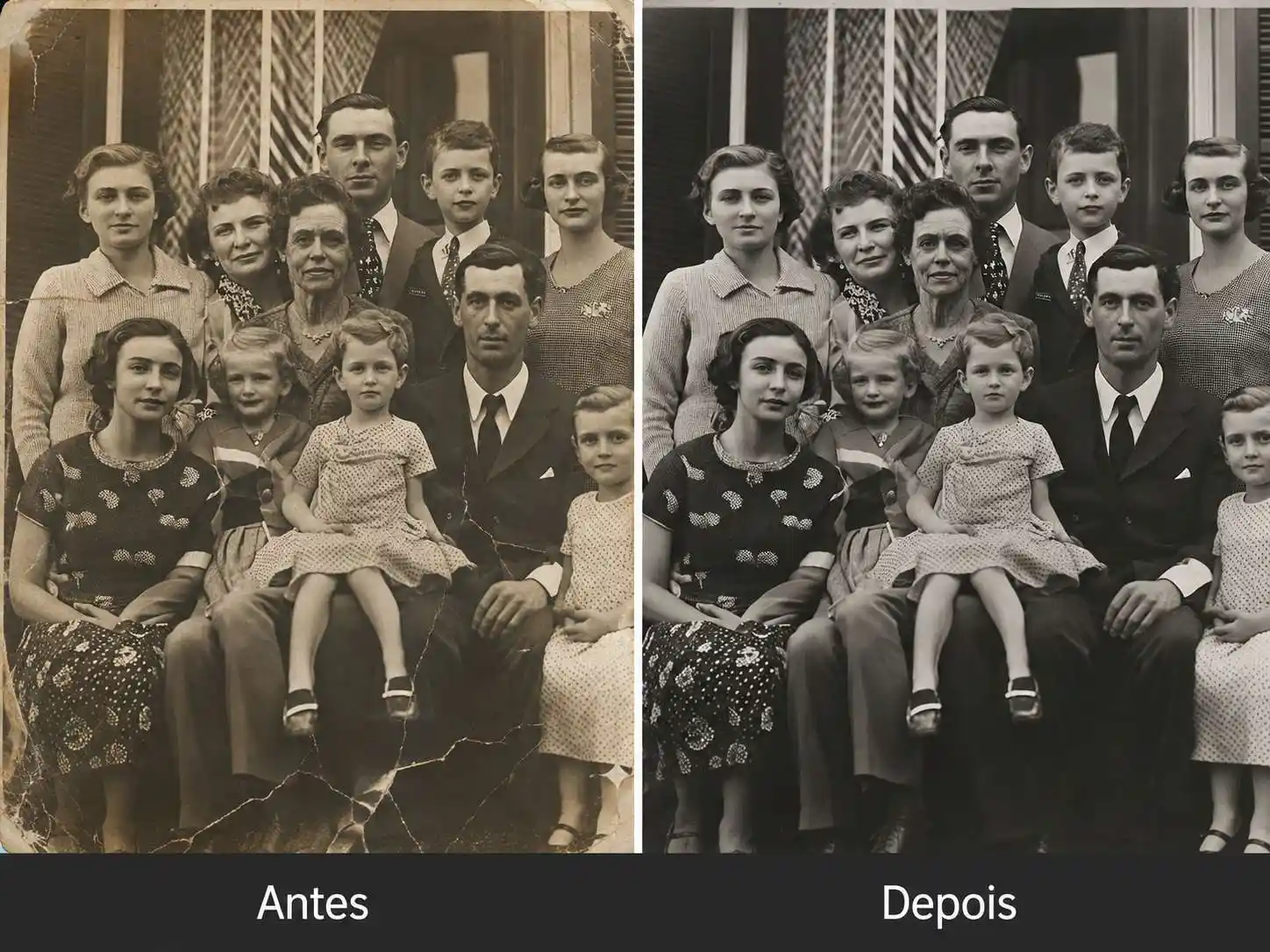 Comparação de antes e depois mostrando uma foto antiga em preto e branco restaurada com maior nitidez e contraste, mantendo sua aparência monocromática.