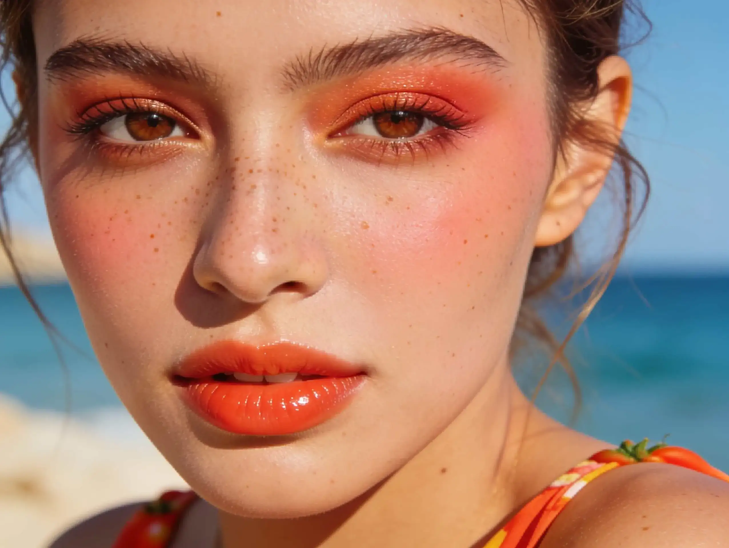 Tomato girl makeup with sun-kissed skin and coral blush.
