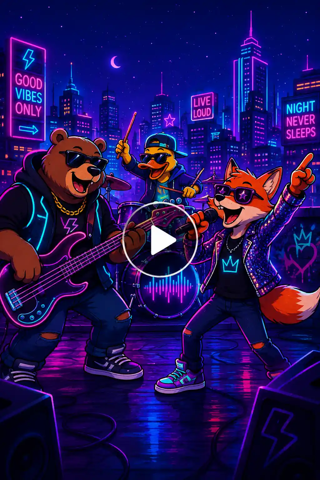 Neon animal band performing on a rooftop with a singing fox, drumming duck, and bass-playing bear.