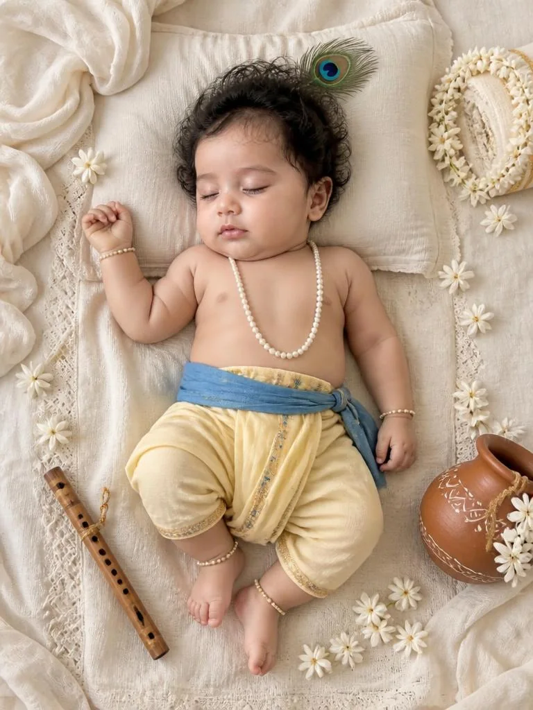 Peacefully sleeping Little Krishna in a neutral cream flat-lay with a flute, clay matki, jasmine flowers, and peacock feather.