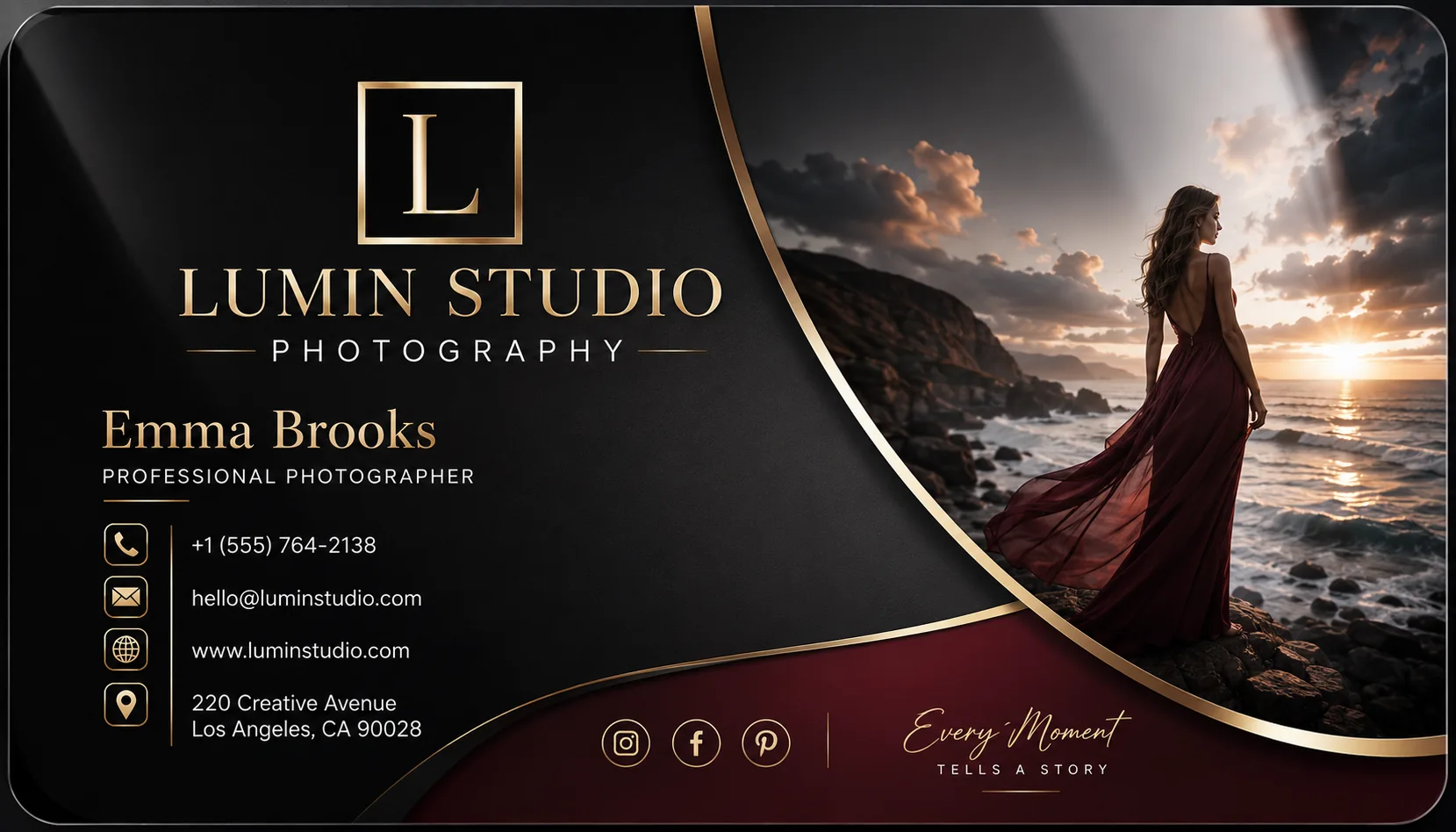 Luxury photography studio business card styled like a glossy editorial photograph with cinematic lighting and premium finishes.