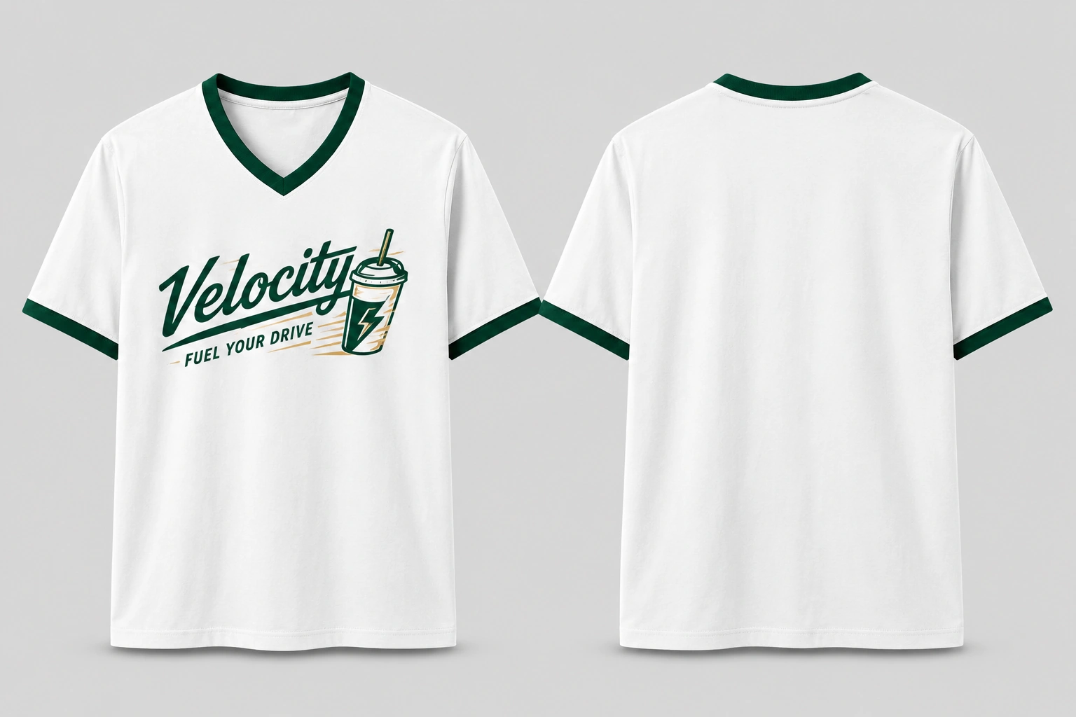 White V-neck T-shirt shown from front and back with bold green trim and a centered front design.