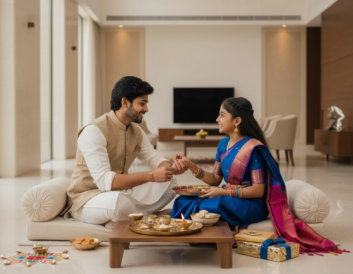 Brother and sister tying rakhi in a dark cinematic luxury photoshoot with black-and-gold outfits, marigolds, roses, and glowing diyas.
