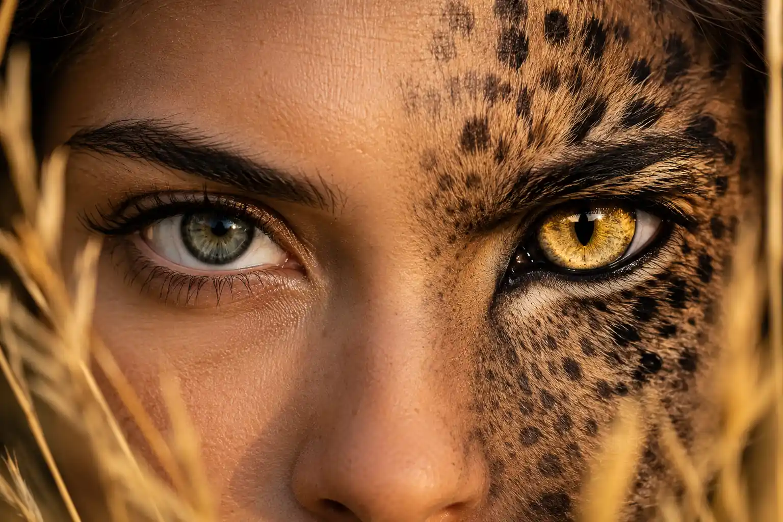 Close-up conceptual portrait showing a pair of eyes, with one realistic human eye and one golden leopard eye with a vertical pupil and spotted details.
