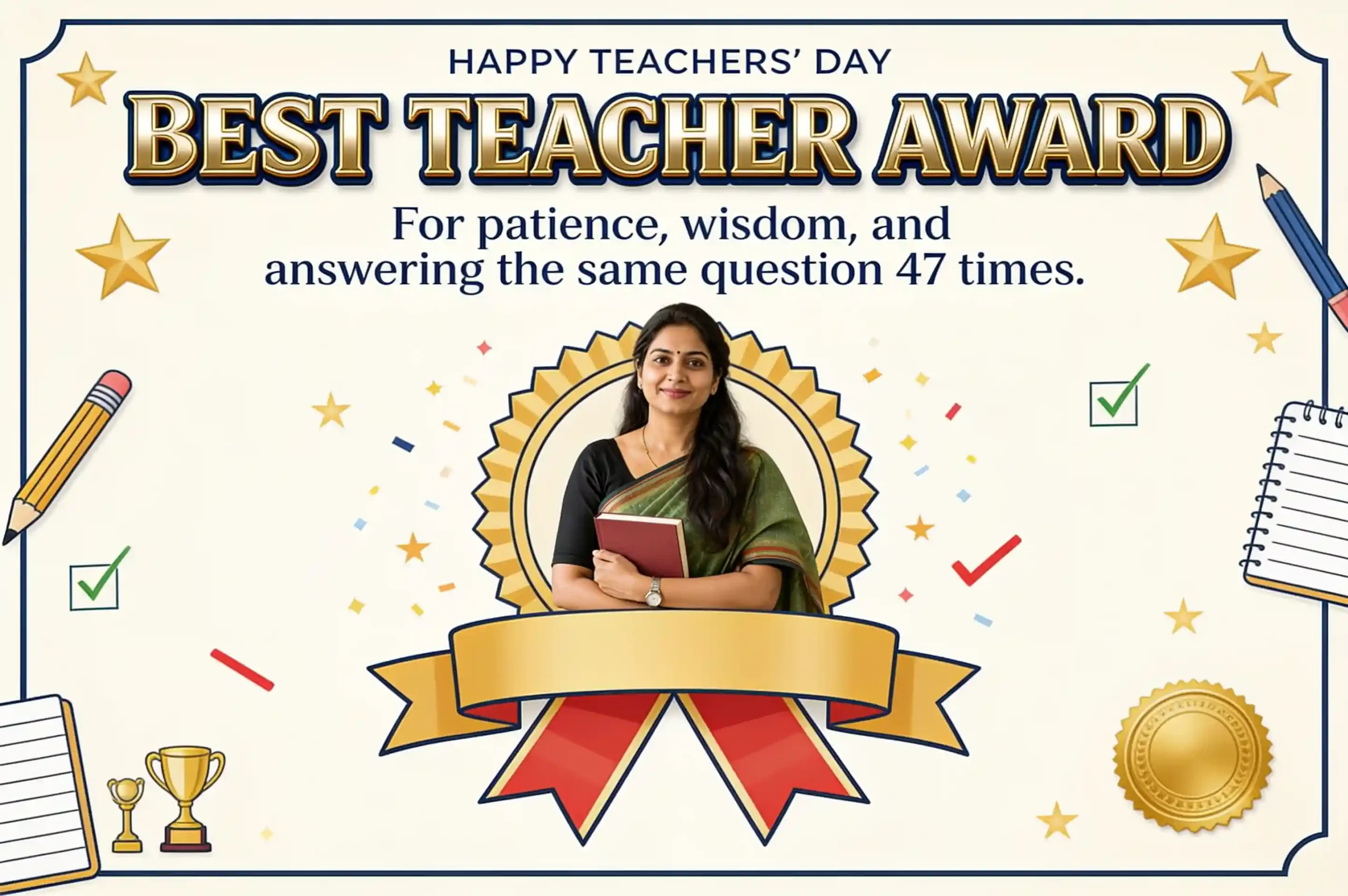 Funny personalized Best Teacher Award poster with a teacher cutout, award ribbon, stars, and humorous message