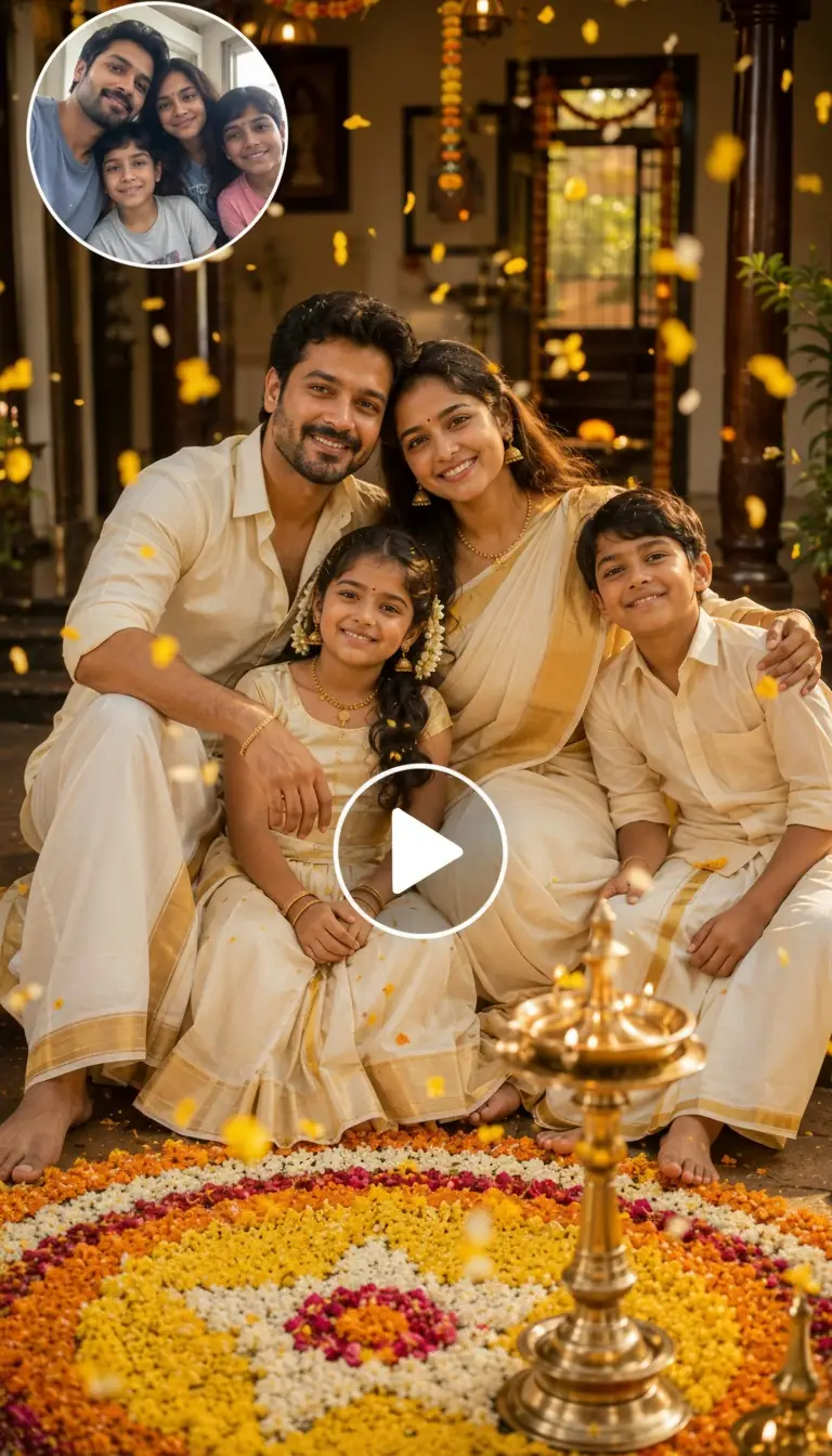 Frame screenshot of an Onam-themed video showing a family in traditional Kerala attire celebrating together in a festive Kerala home.