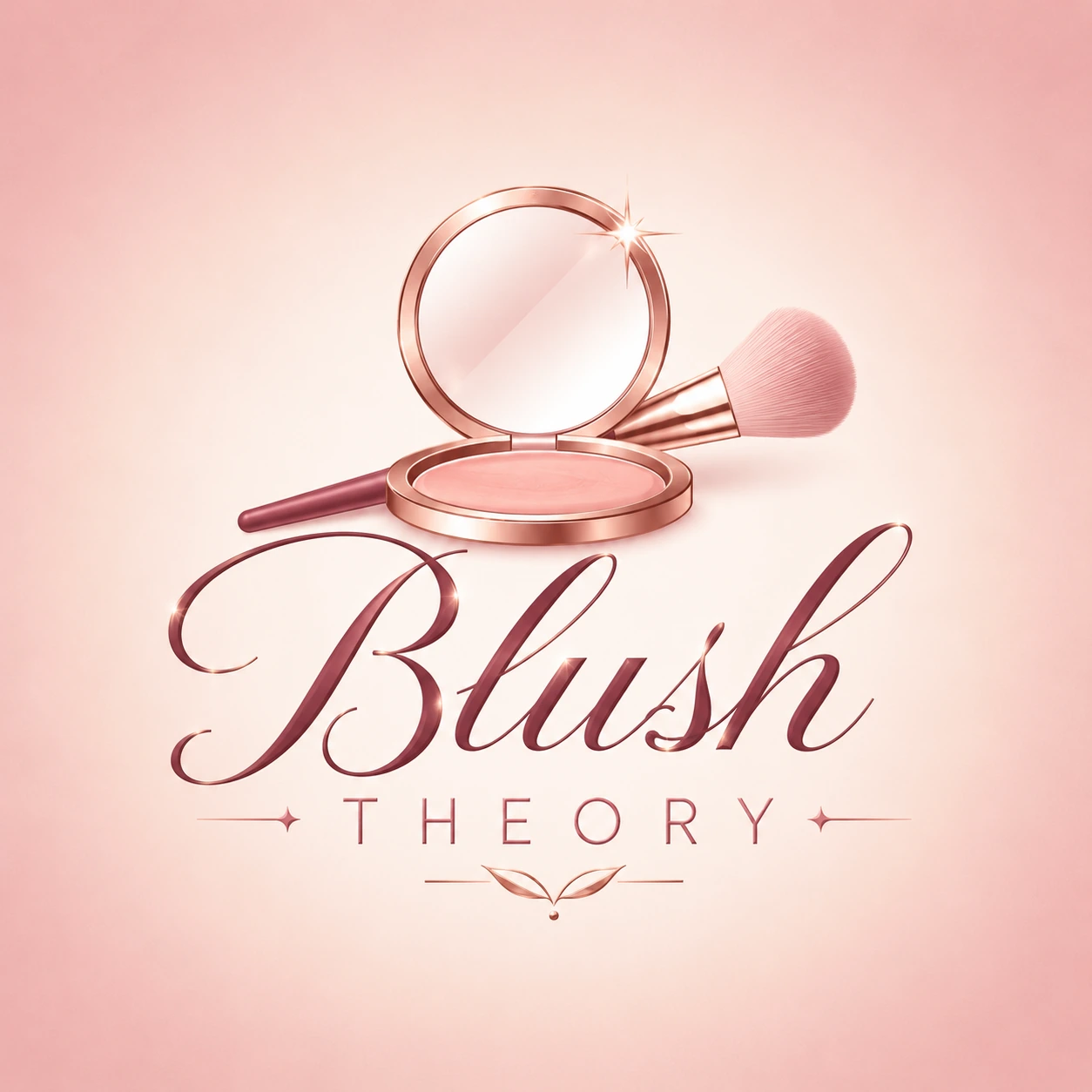Beauty YouTube logo for Blush Theory with a compact mirror makeup brush and sparkle in blush pink rose gold and mauve colors.