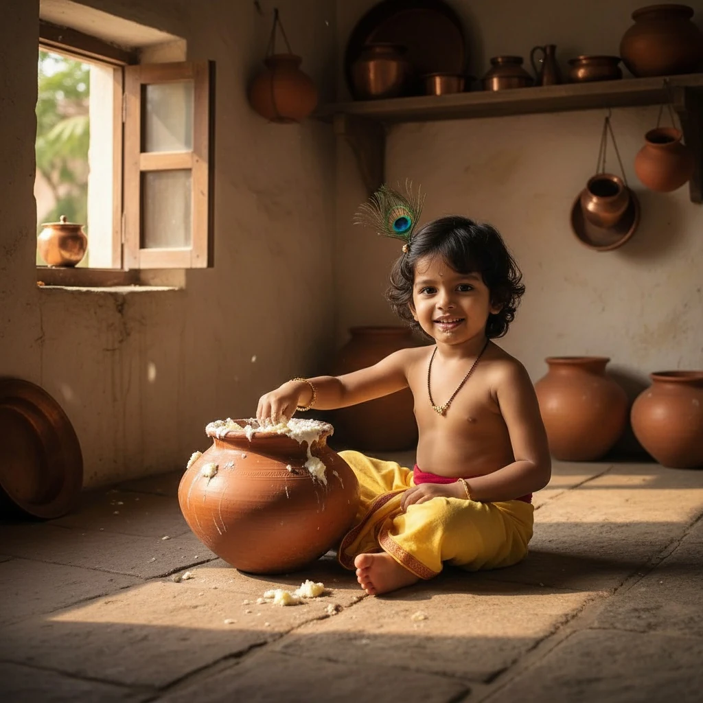 Baby dressed as Krishna mischievously stealing makhaan from a matki during a realistic Janmashtami photoshoot.