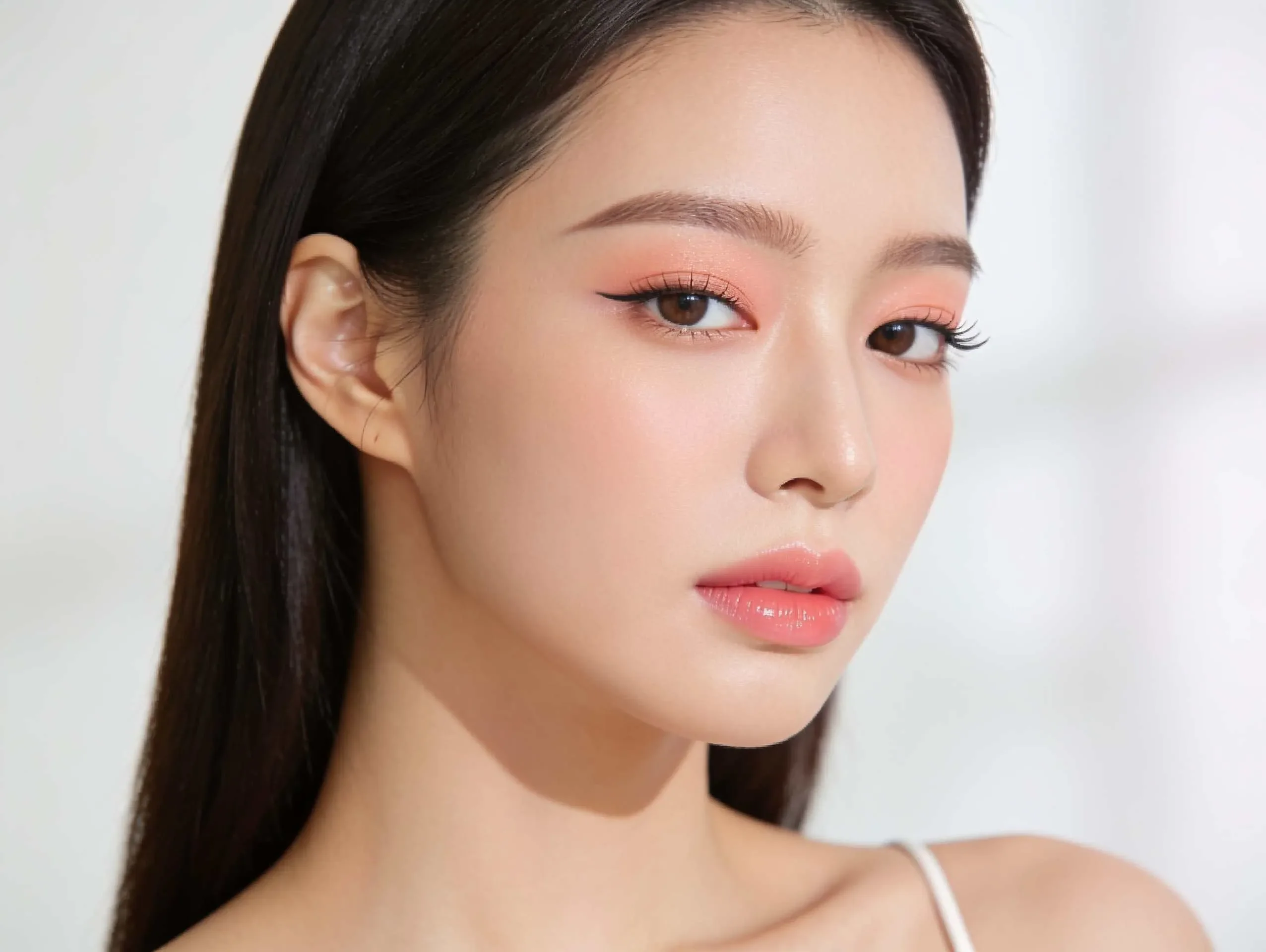 K-beauty makeup with luminous glass skin and soft glow.