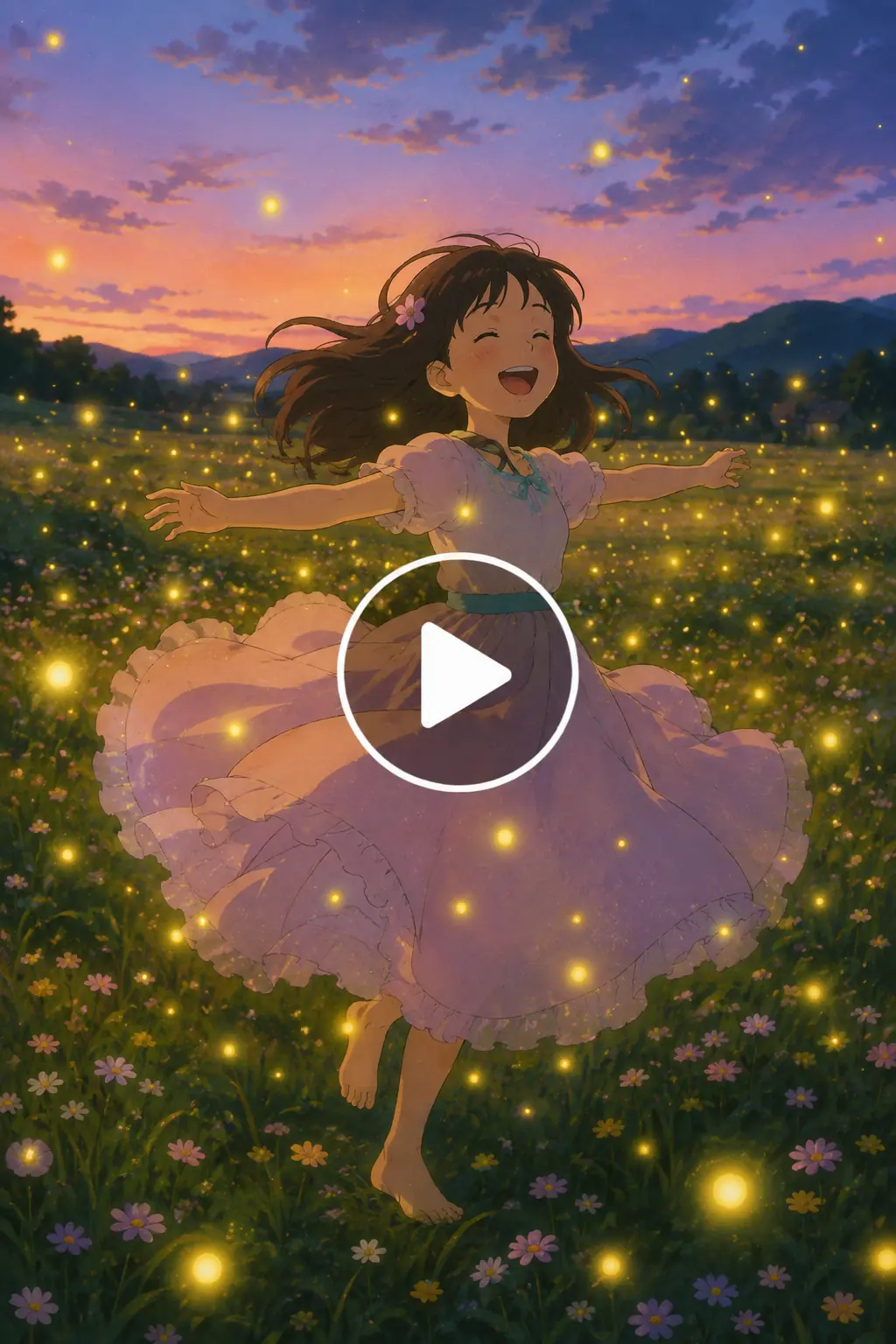 Joyful girl twirling through a glowing meadow filled with sparkling fireflies at sunset.