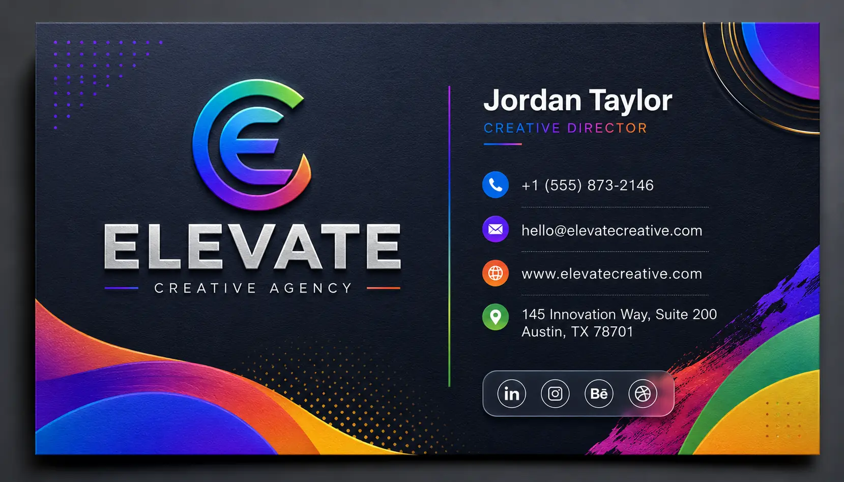 Vibrant creative agency business card featuring colorful gradients, geometric shapes, flowing ribbons, and modern abstract graphics.