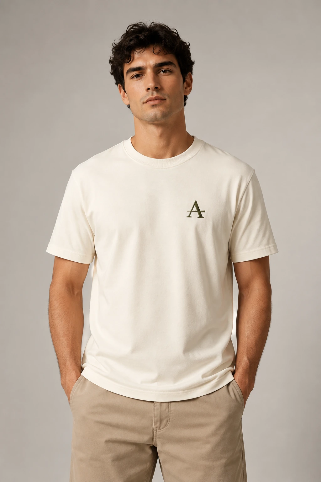Off-white T-shirt with a small left-chest logo worn by a model in a minimal studio setting.