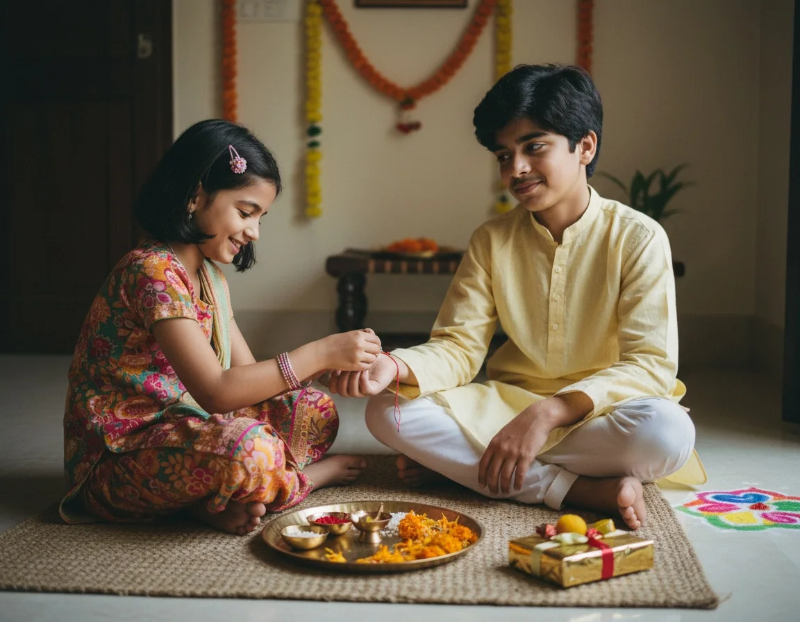 Young brother and sister sharing a sweet childhood Rakhi moment with traditional outfits, laddoos, gifts, and a small pooja thali.