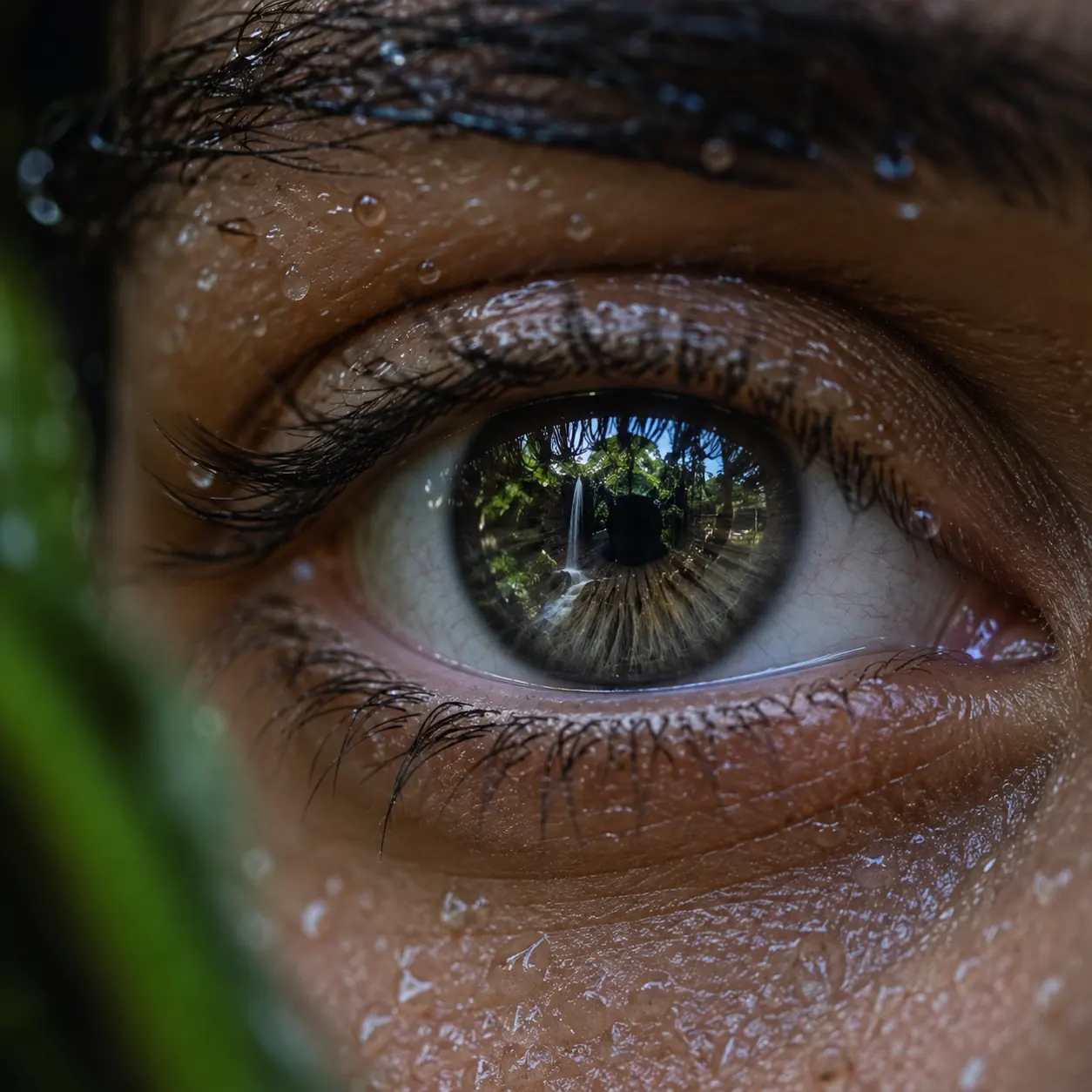 Close-up of an eye reflecting a green rainforest, hanging vines, and a waterfall