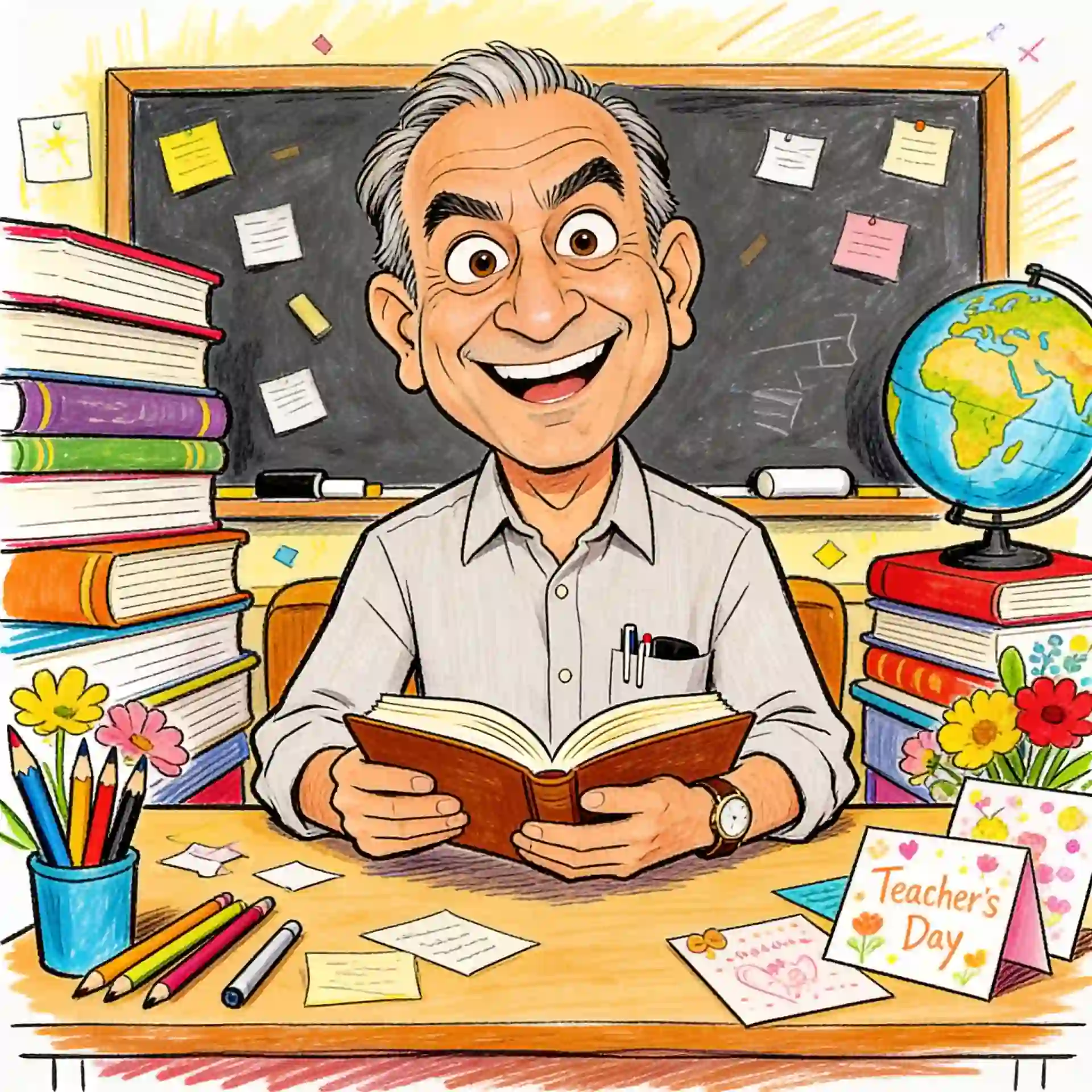 Creative caricature of a teacher in a playful classroom surrounded by books and school supplies