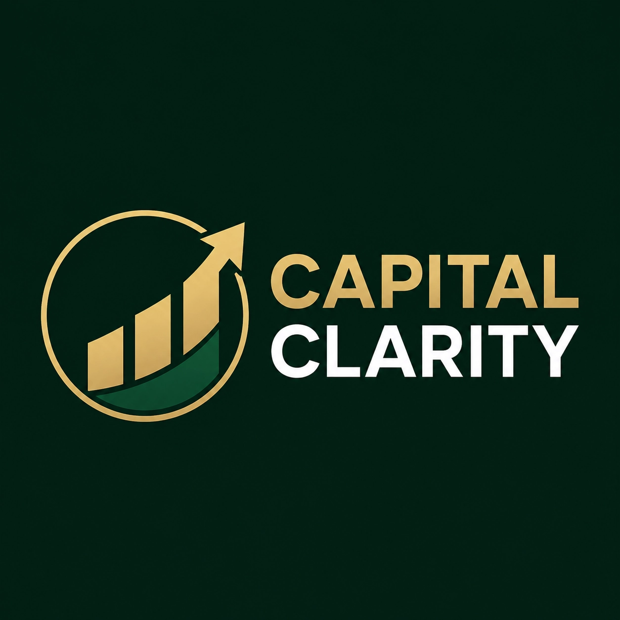 Finance YouTube logo for Capital Clarity with ascending bars forming an arrow in muted gold and white on an emerald green background.