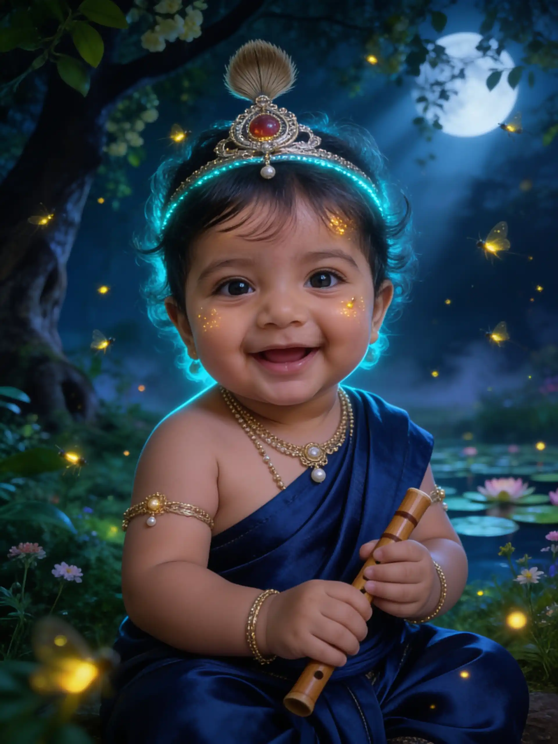 Bal Krishna-inspired subject in a glowing mystical forest surrounded by fireflies at midnight.