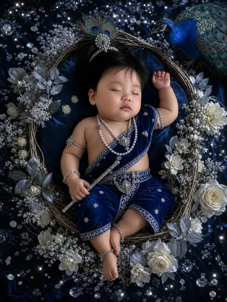 Sleeping Little Krishna in a midnight-blue woven nest surrounded by ivory flowers, silver sparkle, moonlit details, and a graceful peacock.