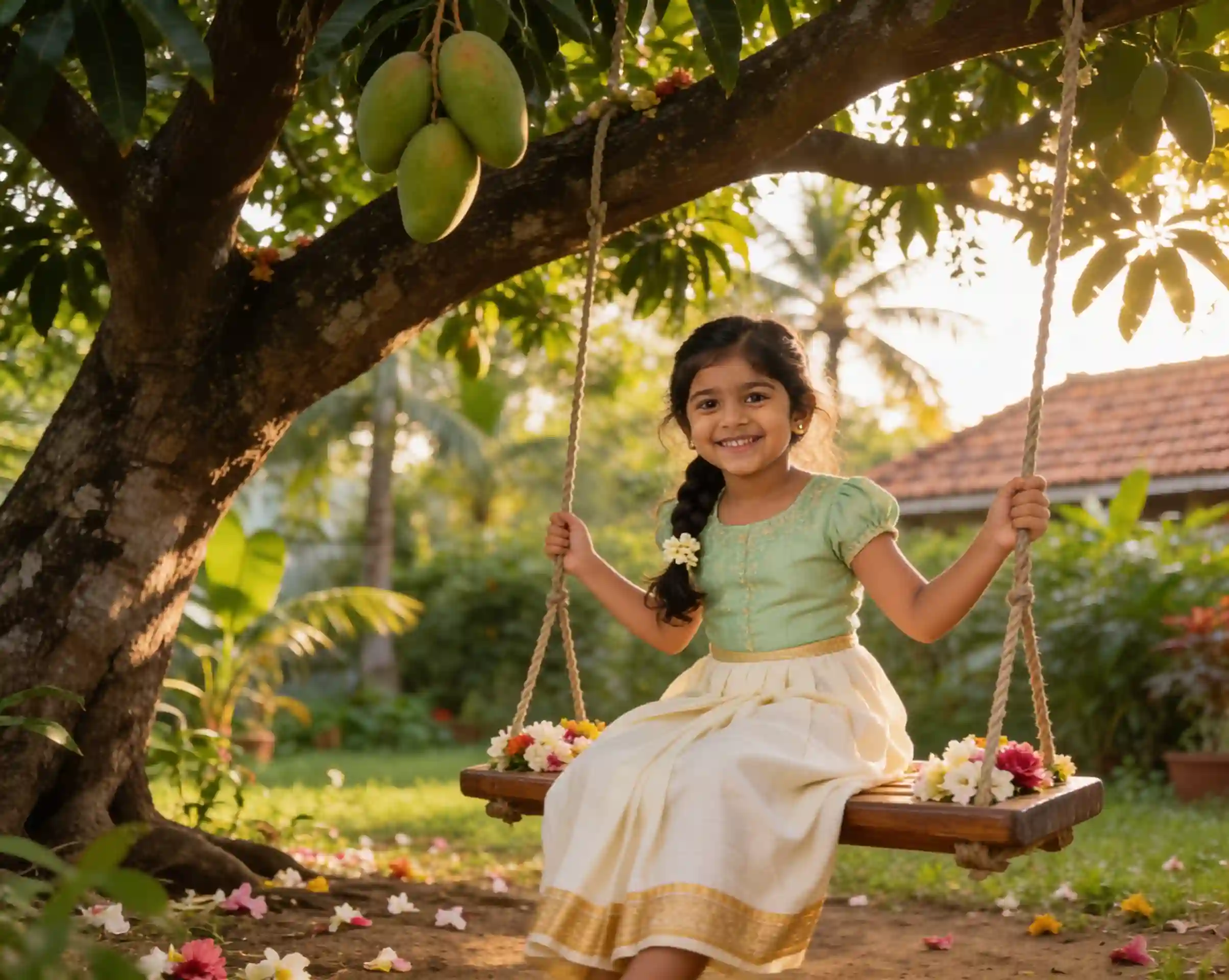 Young girl in traditional Kerala Pattu Pavada enjoying an Onam flower swing in a garden.