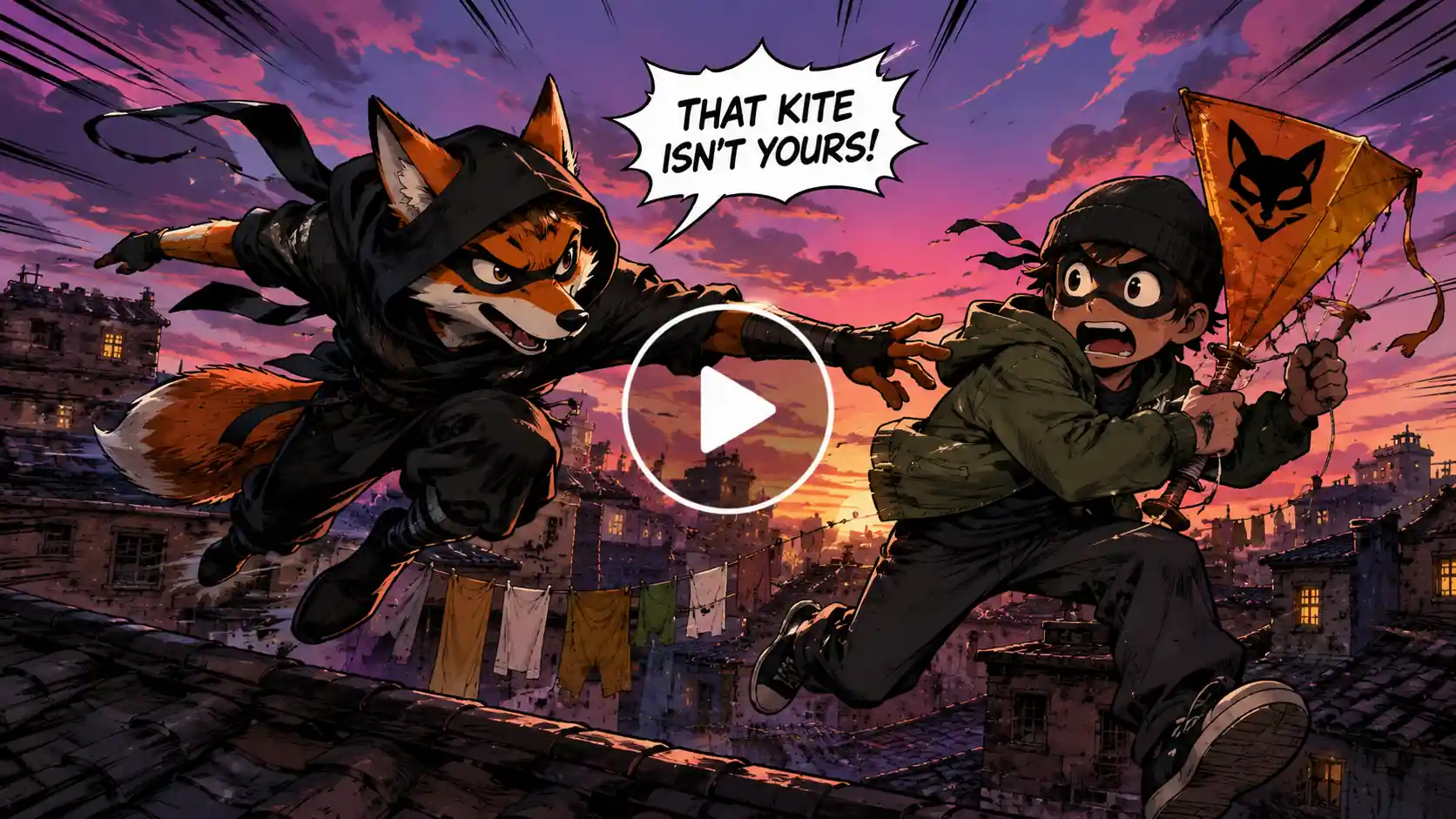 Ninja fox chasing a kite thief across rooftops in a dramatic comic-book cityscape.