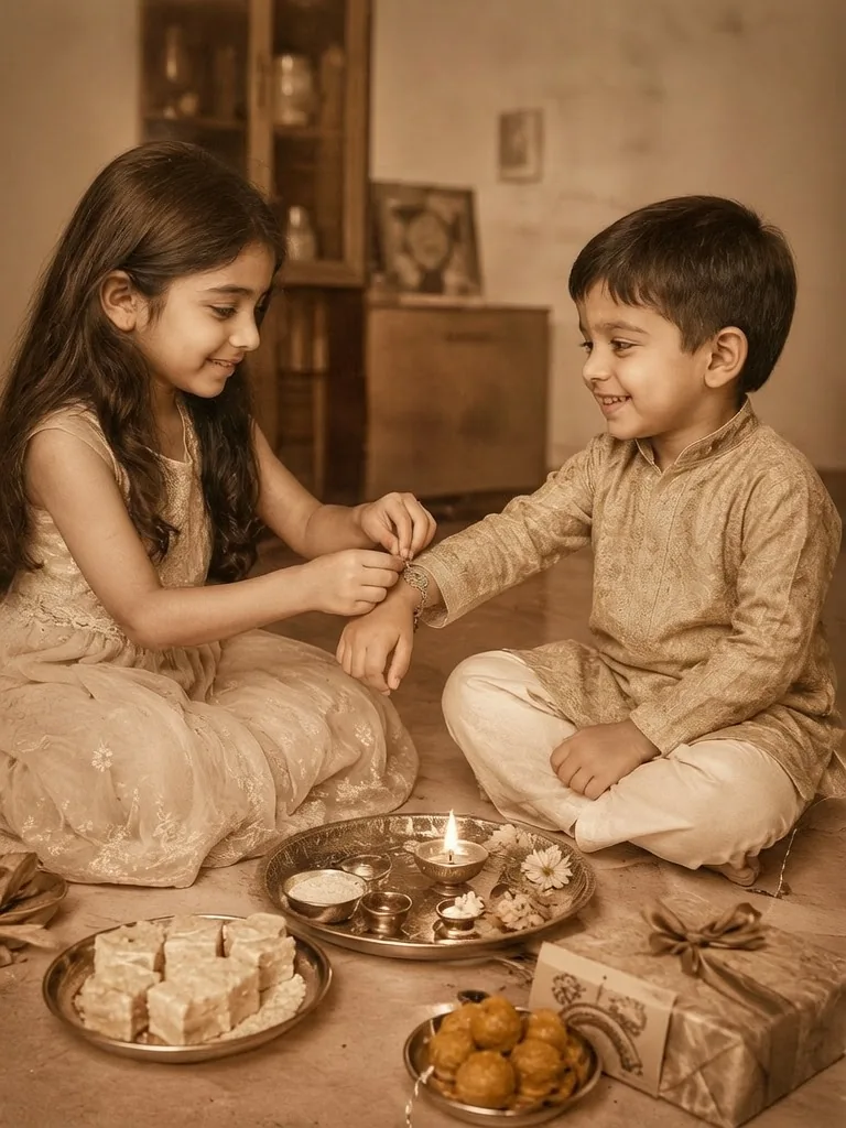 Restored vintage Indian brother-sister Raksha Bandhan photo with a traditional rakhi, tilak, pooja thali, and nostalgic family-album look.