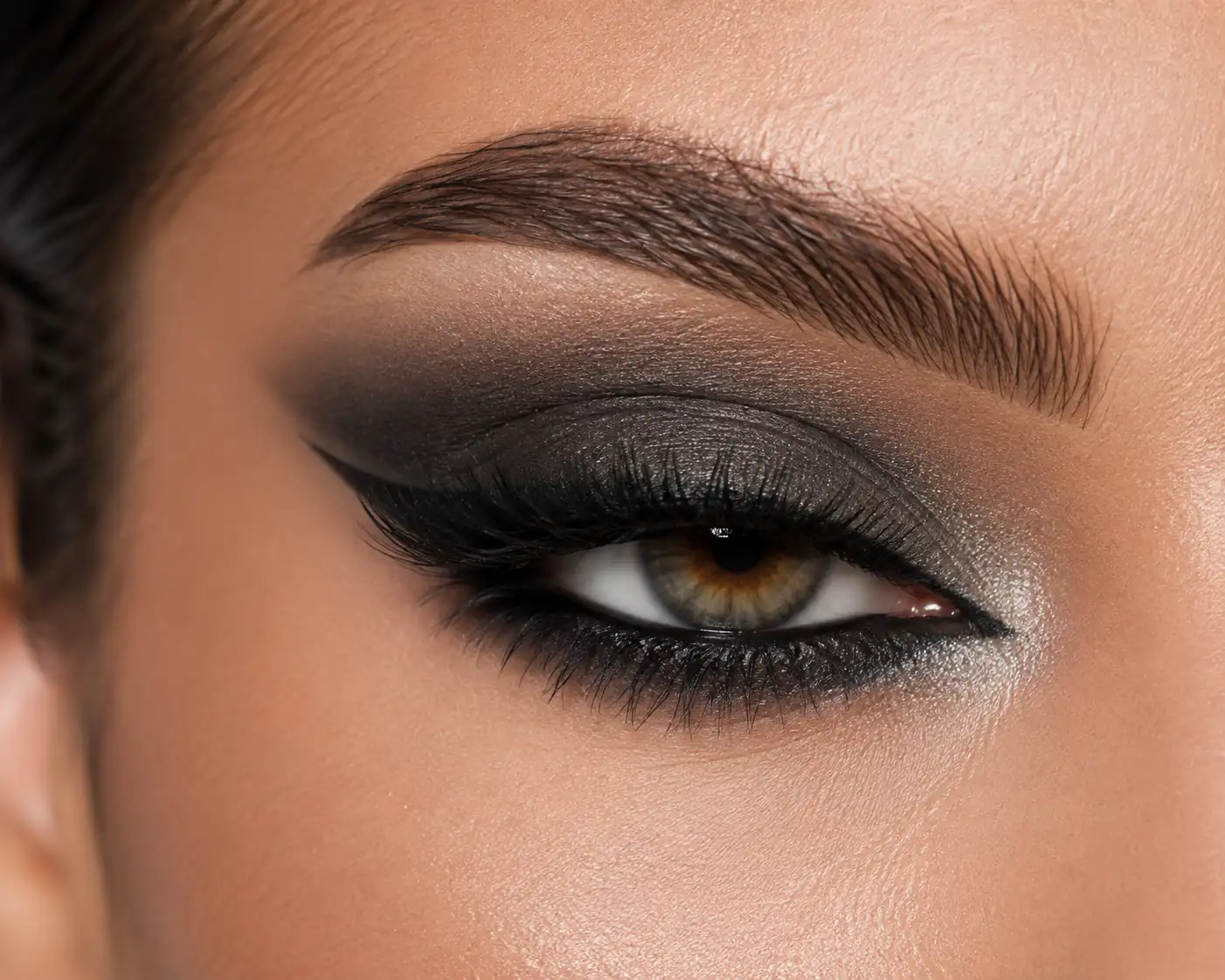 Close-up of smokey eye makeup with black eyeshadow, winged eyeliner, and defined lashes