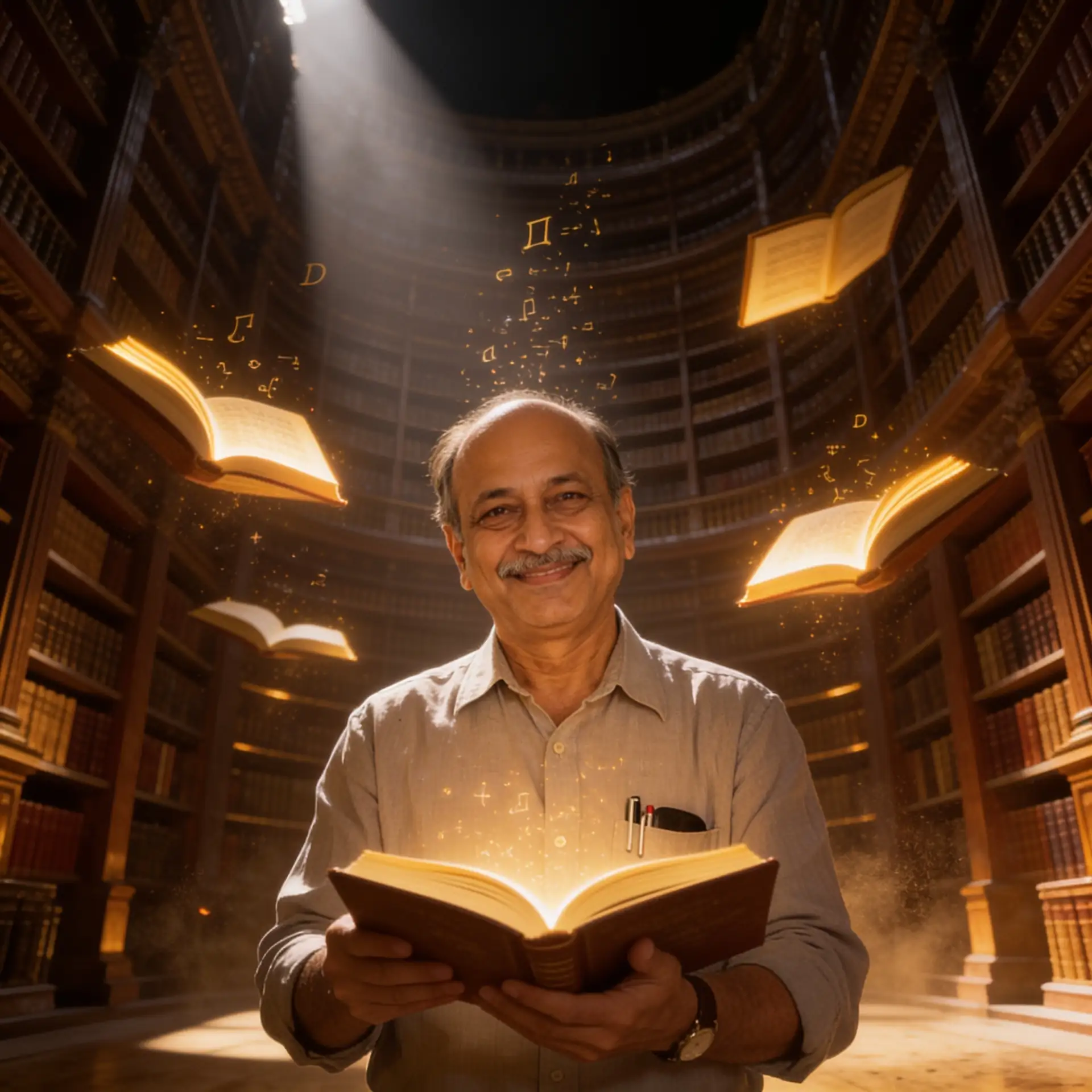 Teacher standing inside a magical library filled with floating books and glowing pages