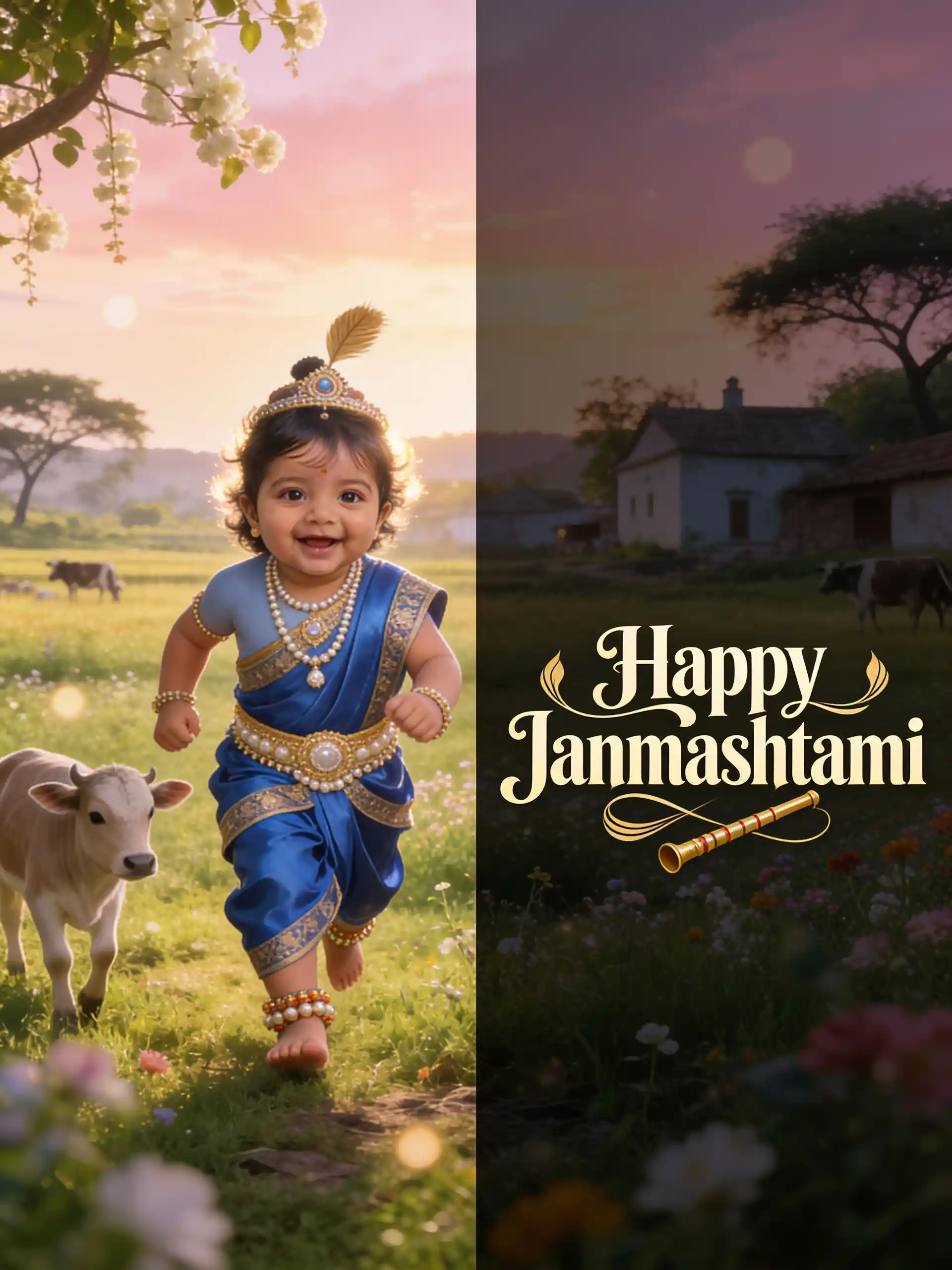 Little Krishna-inspired subject laughing and running with cows through a dreamy Gokul landscape.