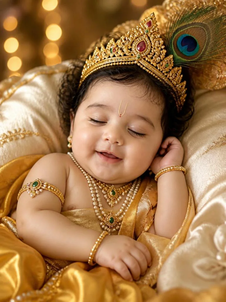 Sleeping Little Krishna nestled in luxurious golden silk, wearing an ornate crown and peacock feather amid dreamy amber bokeh.