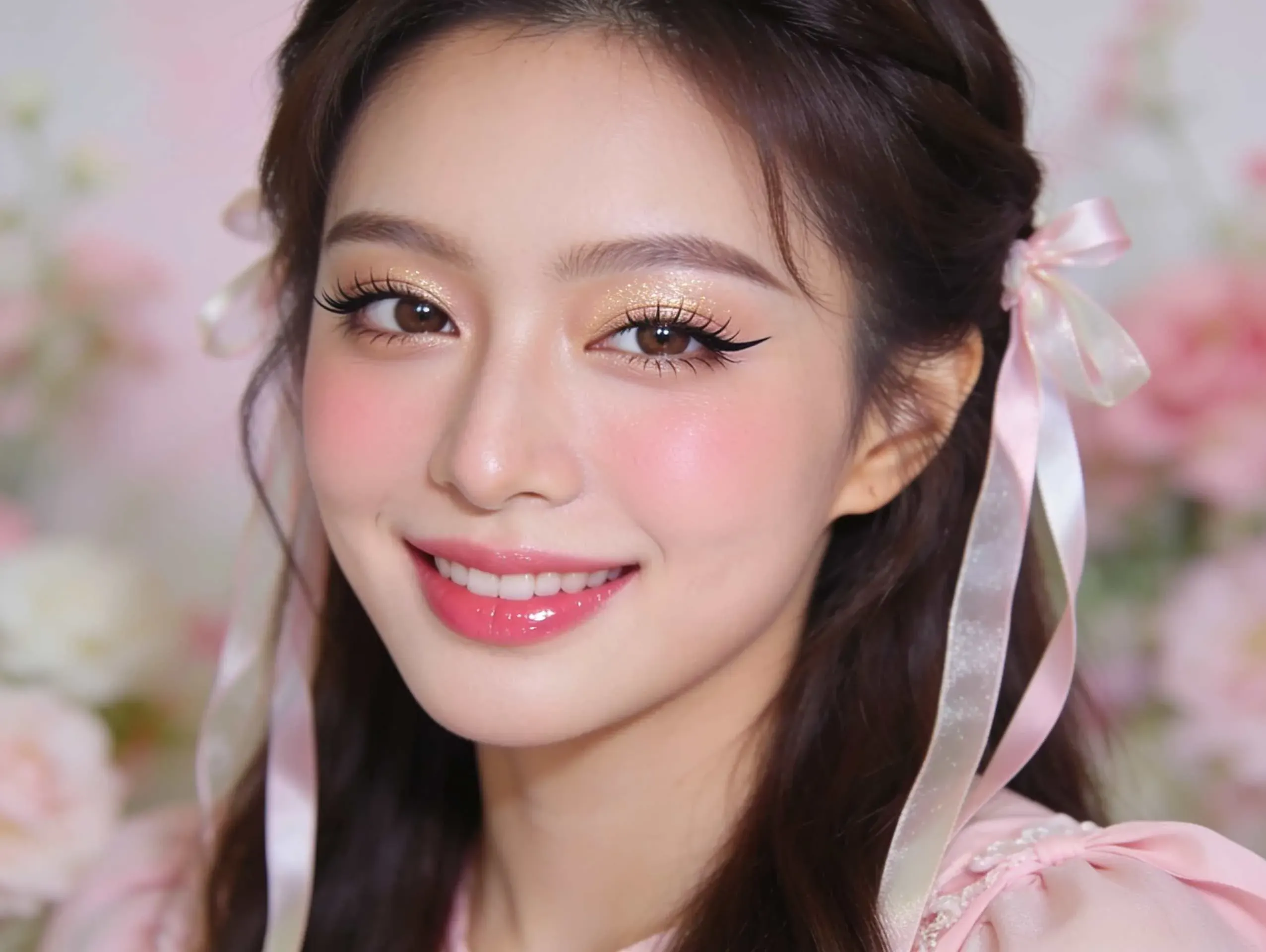 Coquette makeup with soft pink tones and a romantic aesthetic.