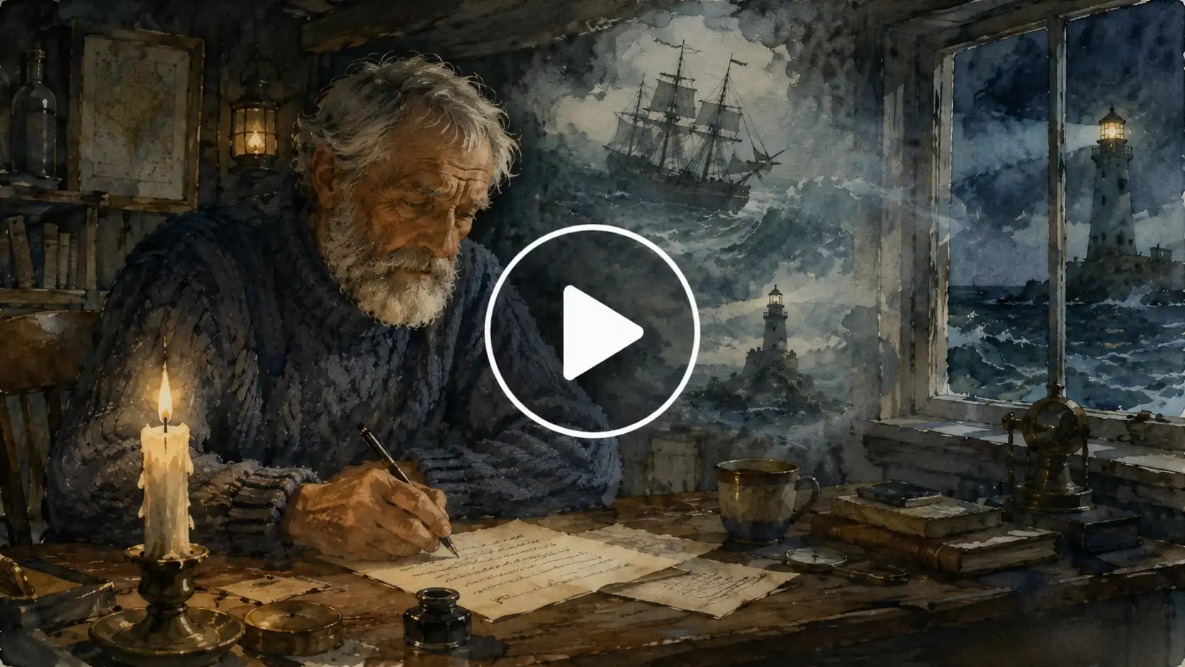 Elderly lighthouse keeper writing by candlelight as ghostly ships and ocean memories appear around him.