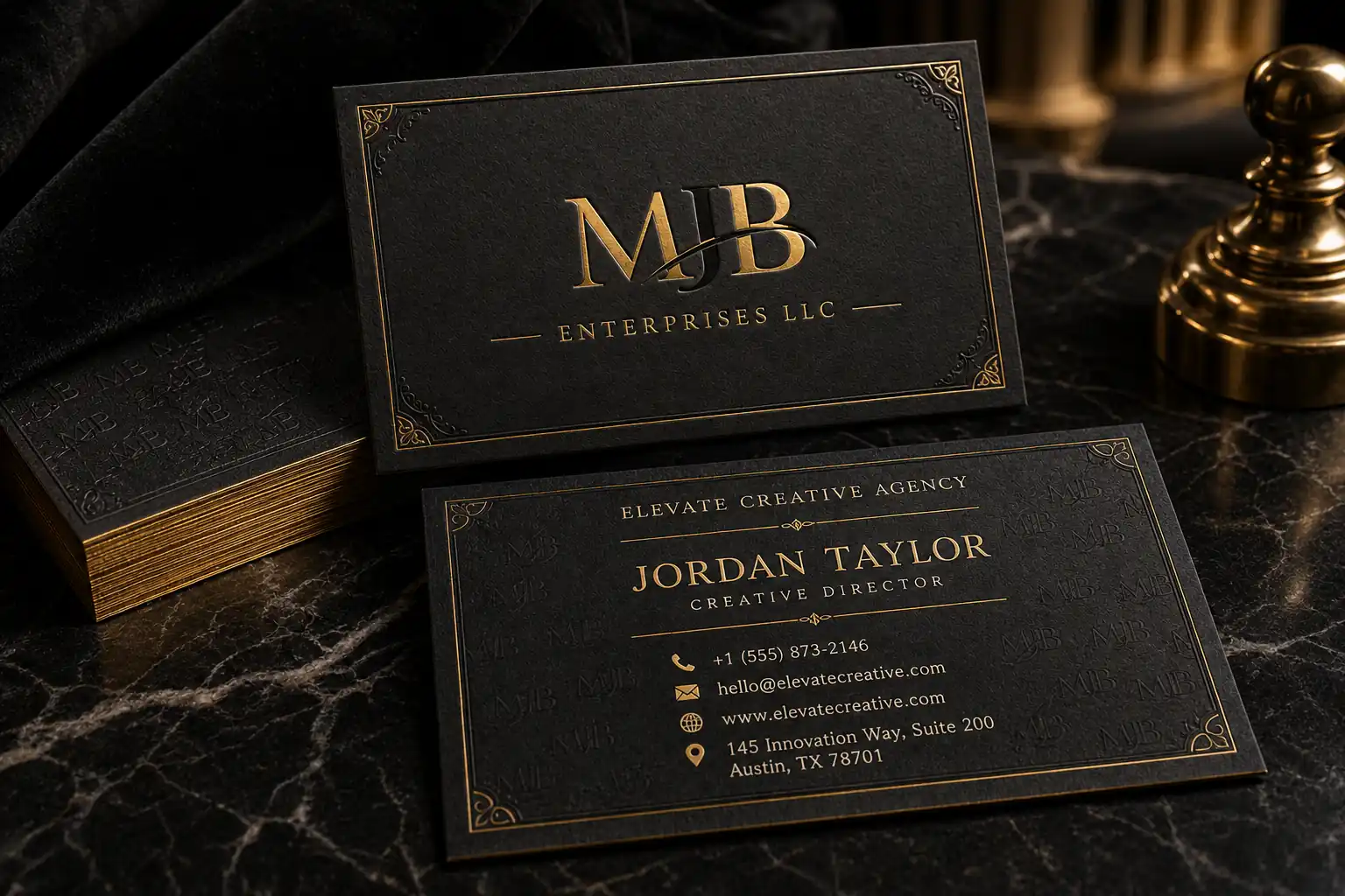 High-end black, ivory, and gold business card mockup with embossed typography, foil details, marble, velvet, and dramatic lighting.
