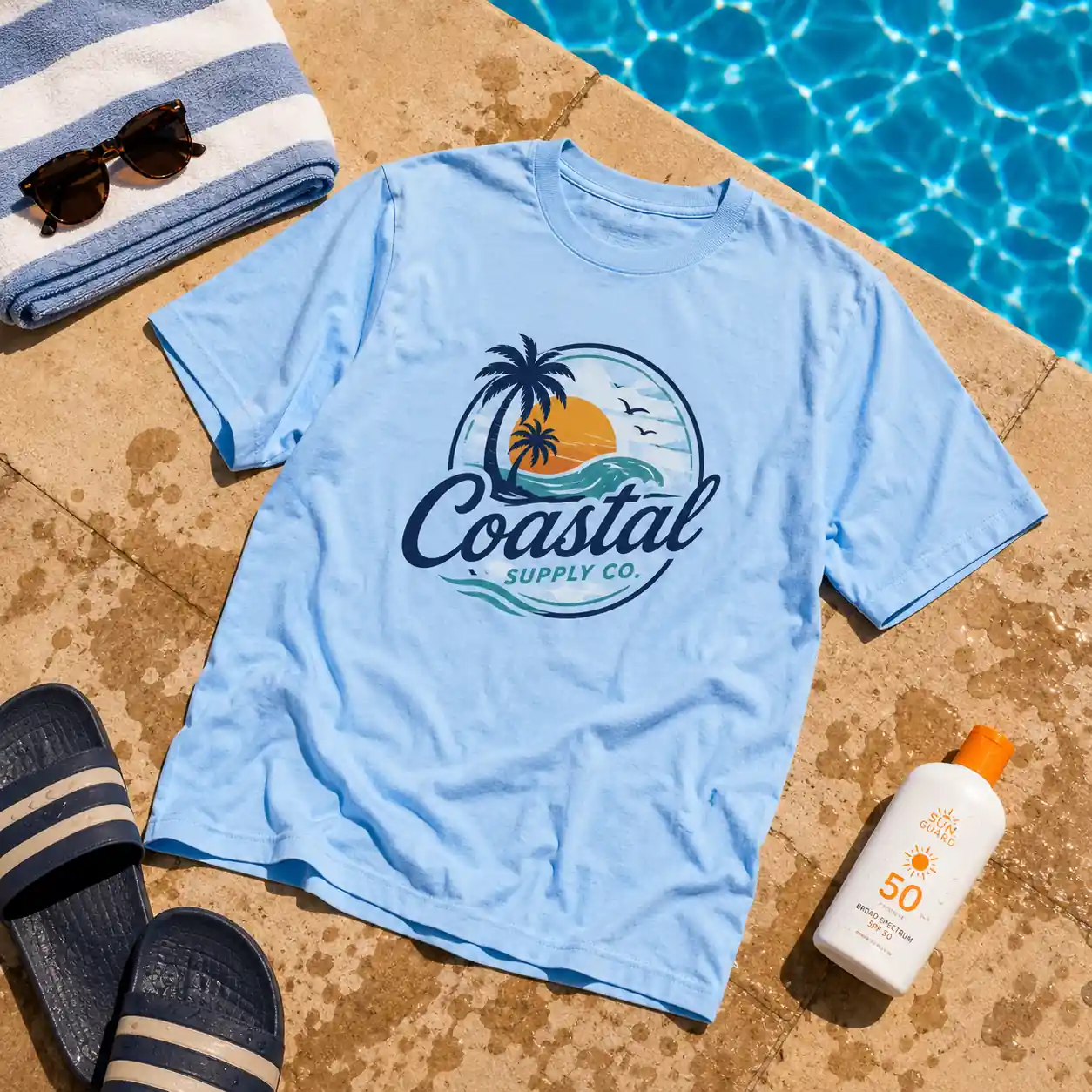 Sky-blue graphic T-shirt with summer accessories arranged beside a bright swimming pool.