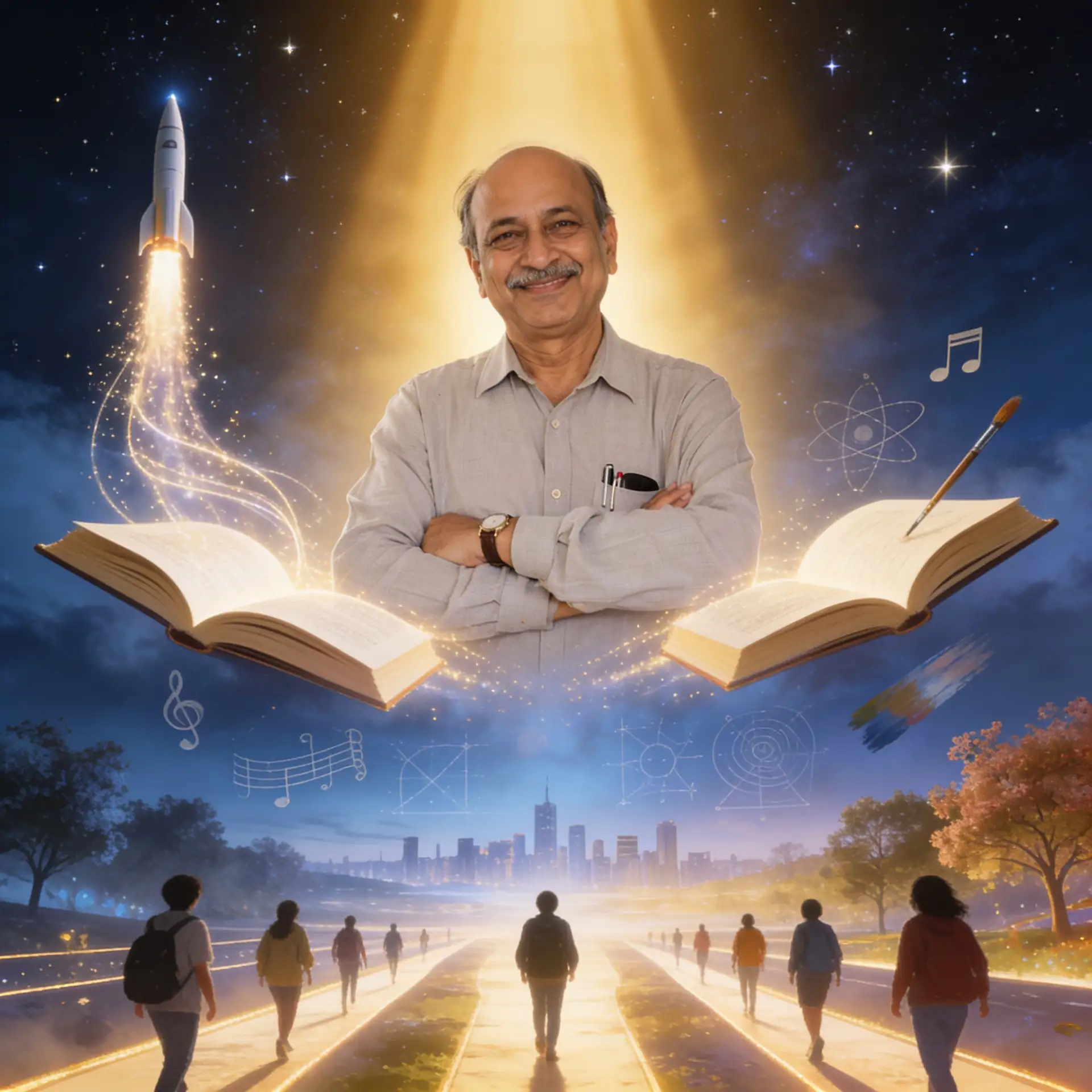 Symbolic Teachers’ Day portrait of a teacher guiding students toward glowing paths representing different futures