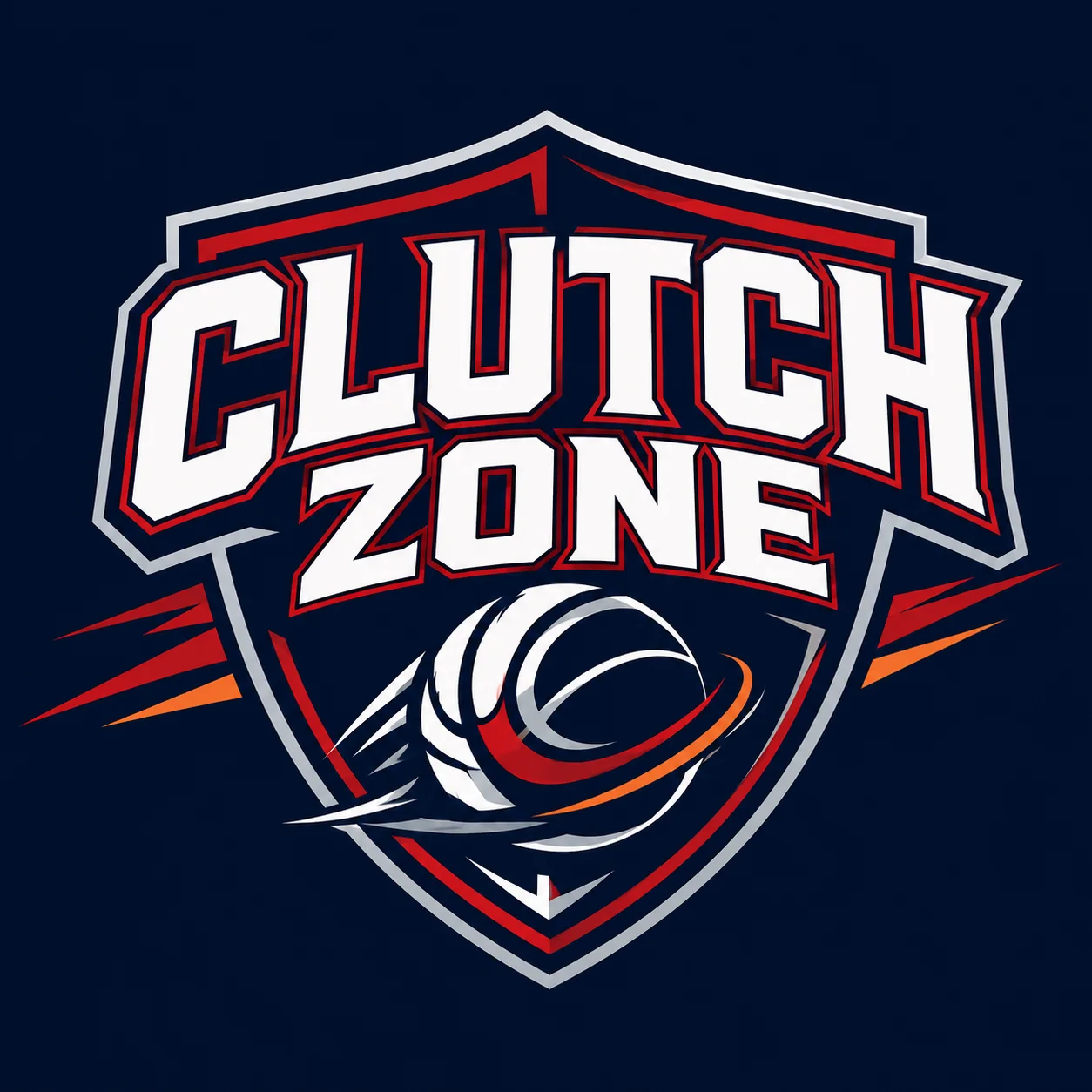 Sports YouTube logo for Clutch Zone with a shield and abstract ball motion symbol in navy crimson white and orange colors.
