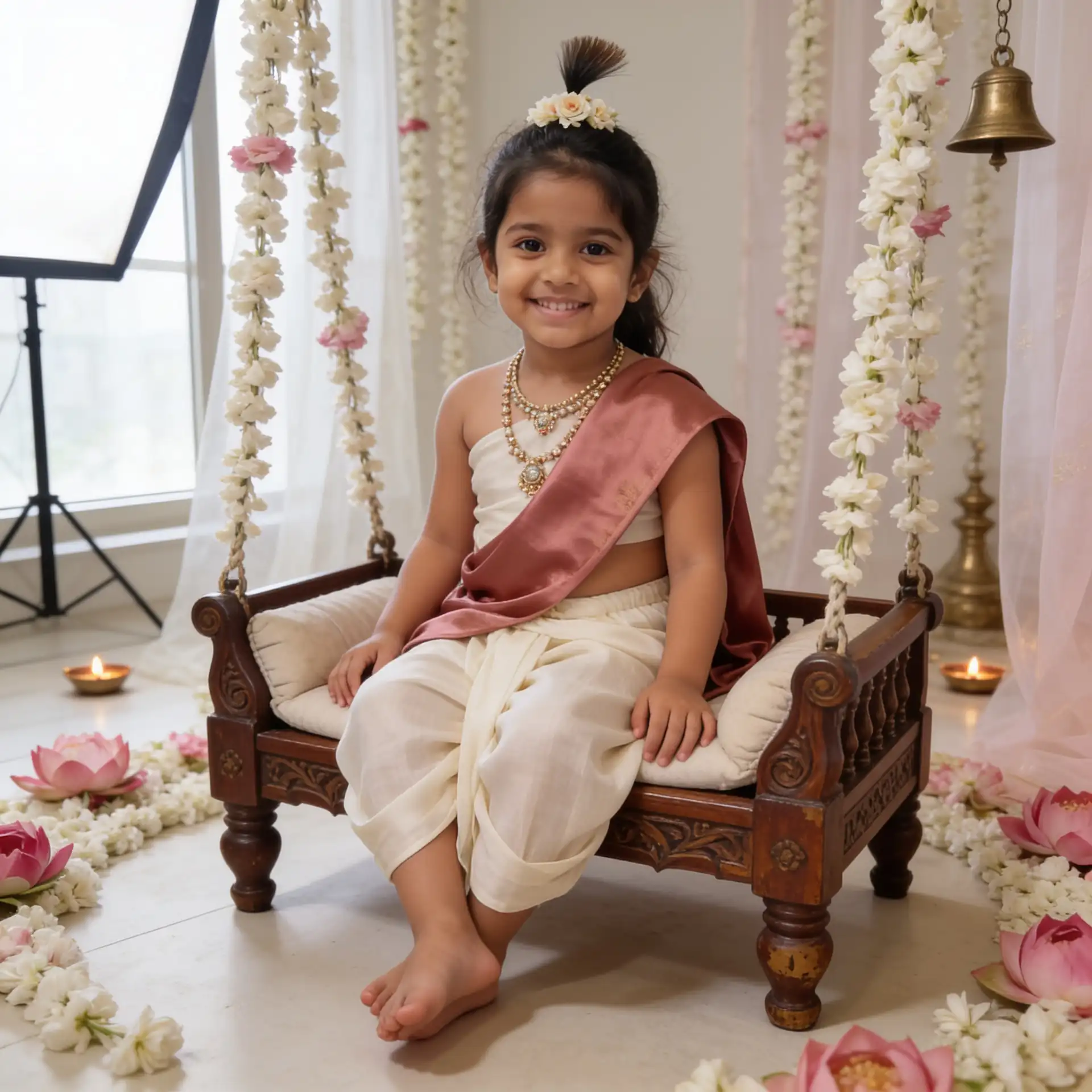 Baby Krishna sitting on a flower-decorated jhula during an elegant Janmashtami photoshoot.