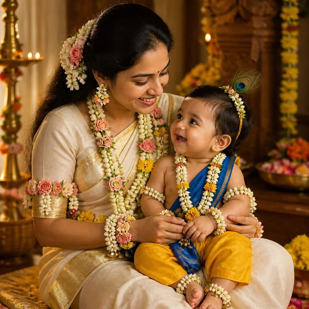 Yashoda lovingly holding Little Krishna on her lap in a warmly illuminated heritage interior decorated for Janmashtami.