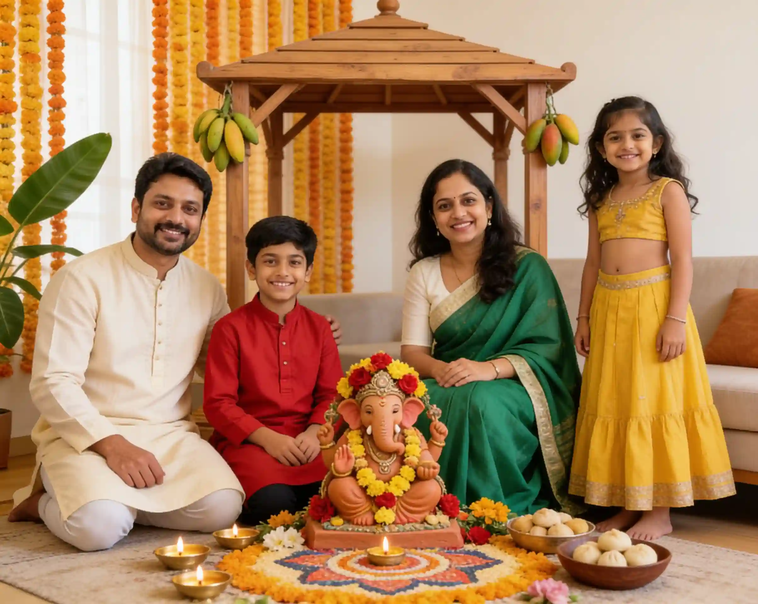 Family in traditional outfits posing together with Ganpati Bappa in a decorated home.
