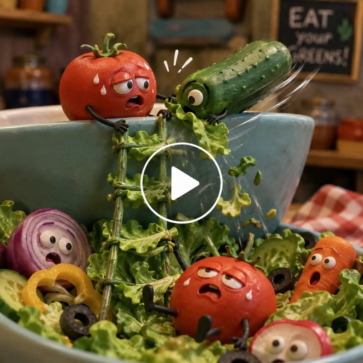 Grumpy tomato climbing a lettuce ladder before falling back into a lively salad bowl.