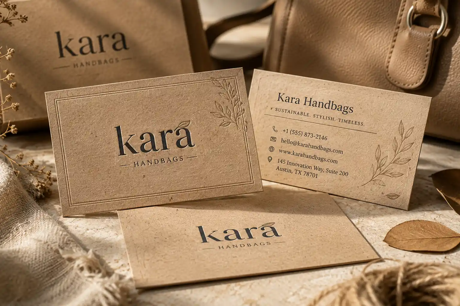 Eco-friendly kraft business card mockup featuring natural paper fibers, botanical details, earthy props, and sustainable branding.