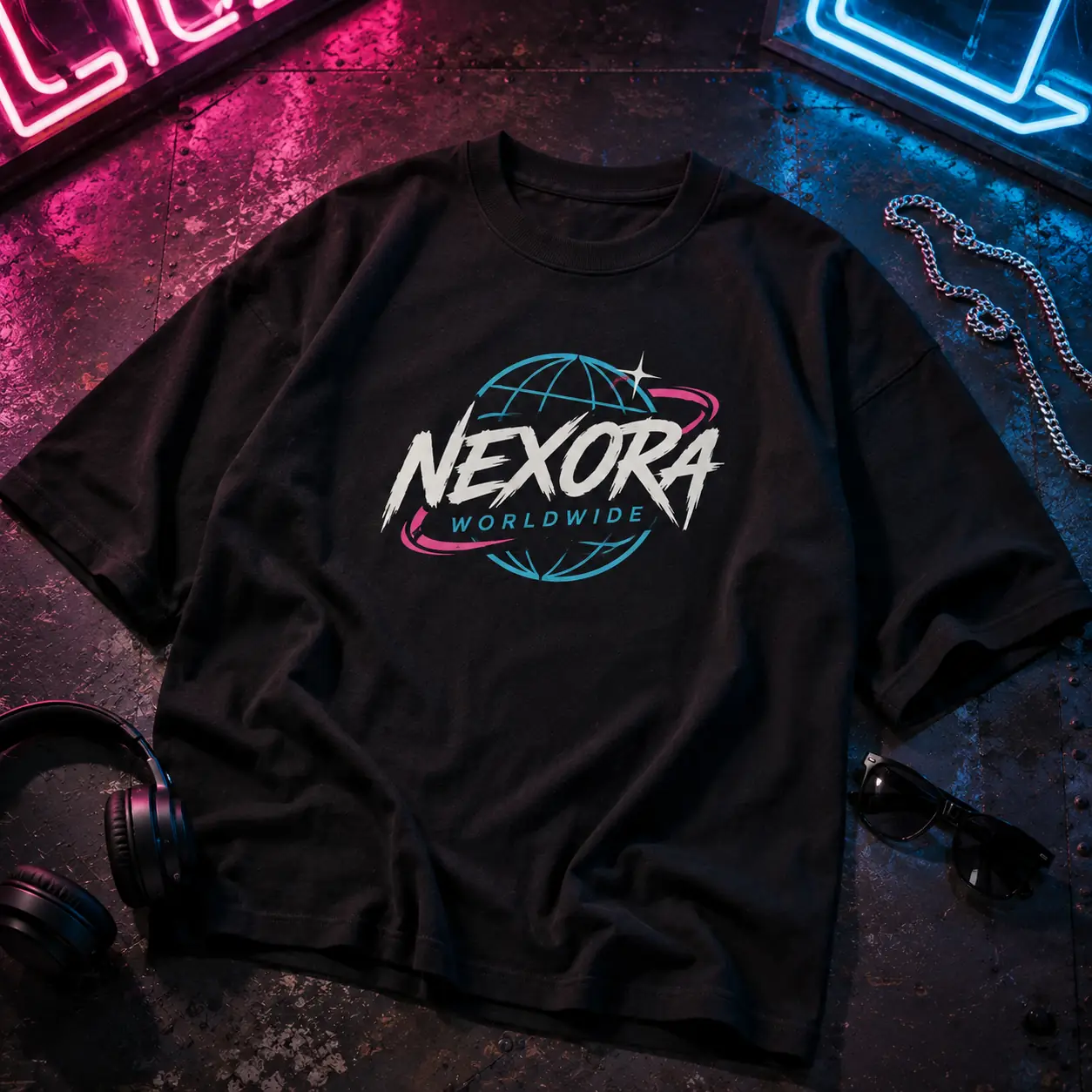Black oversized graphic T-shirt with streetwear accessories illuminated by pink and blue neon light.